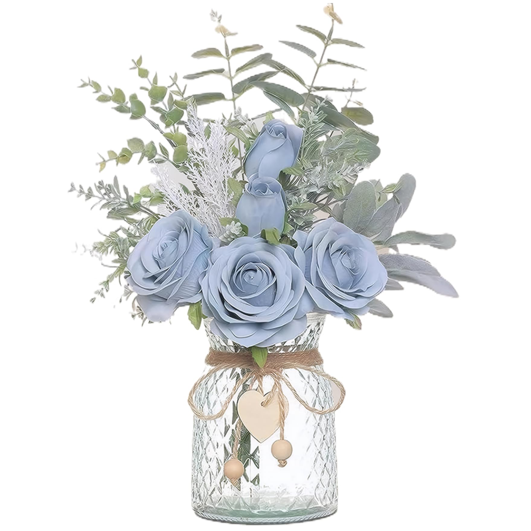 CAKEEYUM Artificial Flowers in Vase 14.5x11 Inch Lifelike Roses Faux Flowers in Vase Silk with Green Leaves in for Home Kitchen Office Table Centerpiece Blue