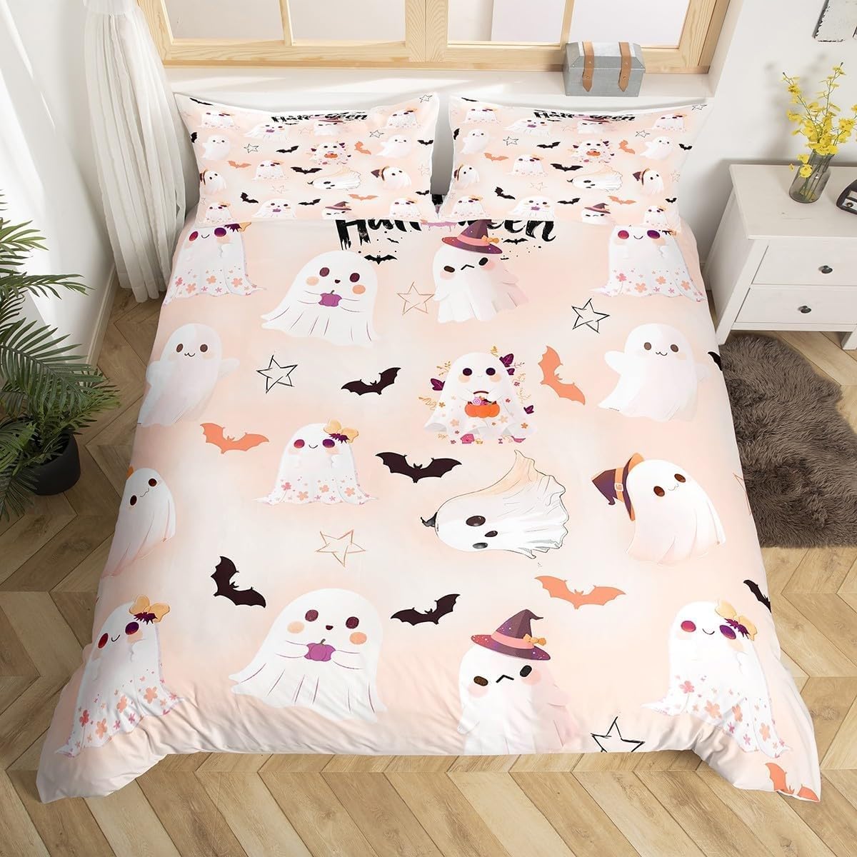 Housse de Couette 220x240 Fantôme Mignon avec 2 Taies d'oreiller 65x65 en Microfibre