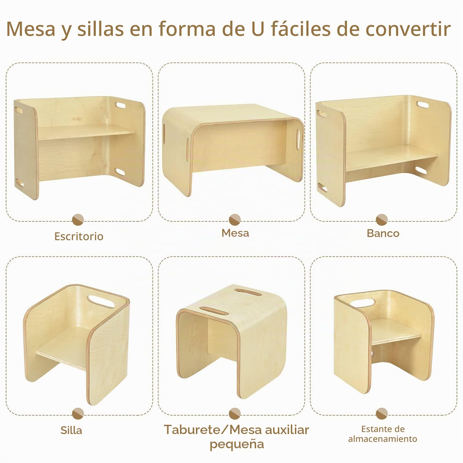 LIFEZEAL Juego de Mesa y Sillas Infantil de Madera en Forma de U (Natural)