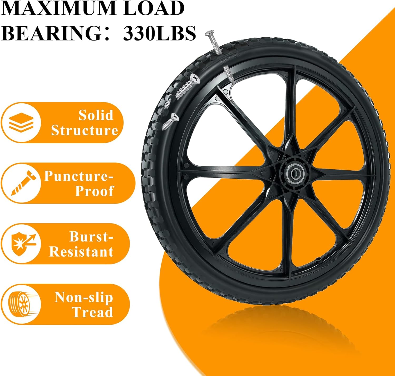 20” Flat Free Wheelbarrow Wheels and Tires, with 2.45” Centered Hub, 5/8” Extra 3/4”Bearing, Compatible with Rubbermaid Wheelbarrow wheels, Garden Carts (2 pcs) (black)