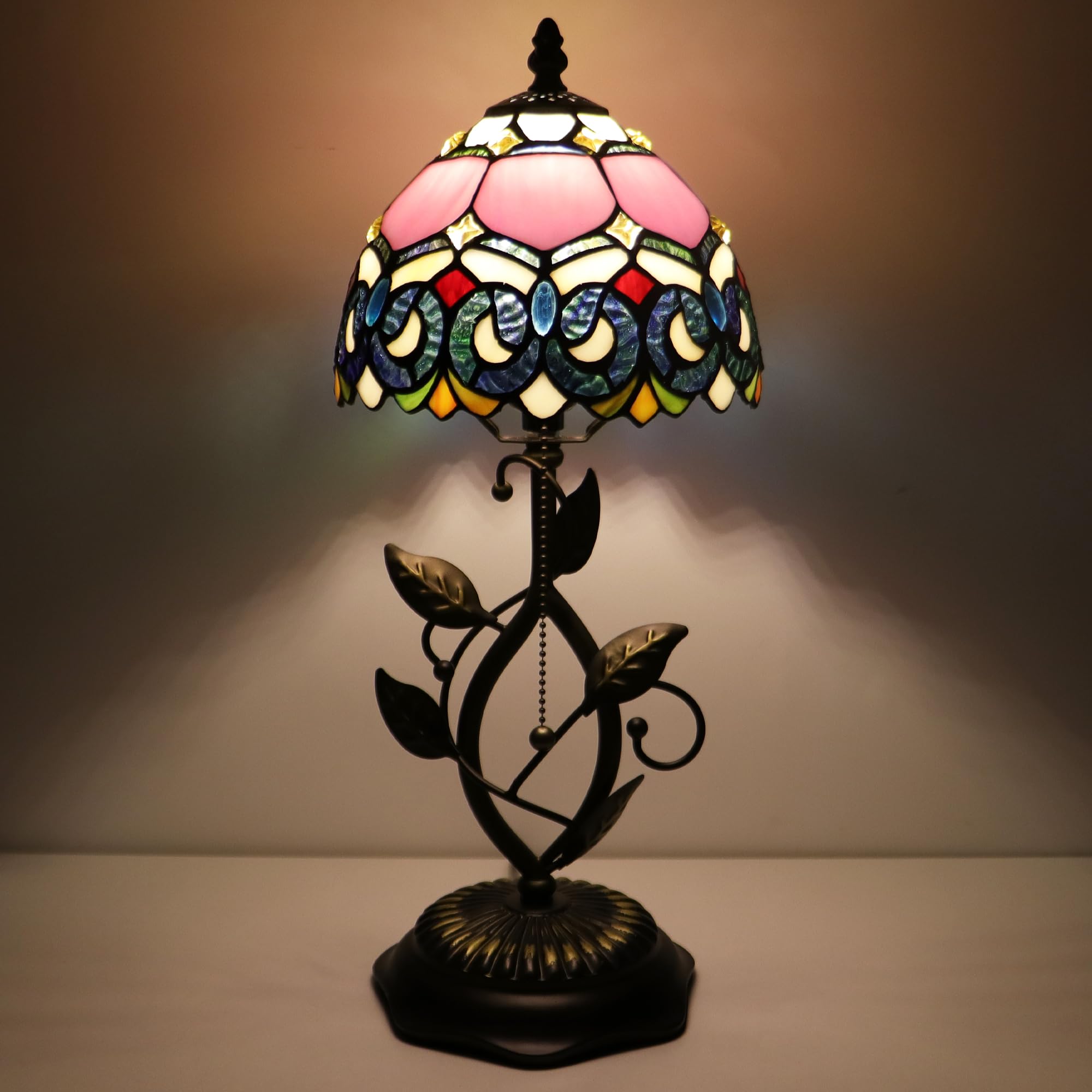Small Tiffany Lamp Pink Jewelry Baroque Style Stained Glass Table Lamps Desk Bedside Reading Light 8X8X18 Inches with