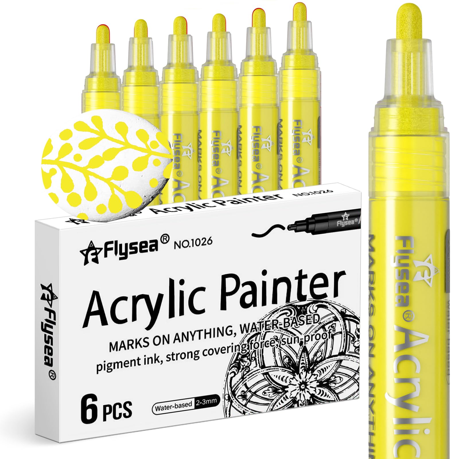 Alitastro Acrylic Paint Pens Waterproof Markers 6 Permanent Marker Pens Acrylic Pens for Rock Painting Glass Stone Ceramic Metal Fabric Pebble Painting pens Craft Supplies (Yellow, Medium Tip)