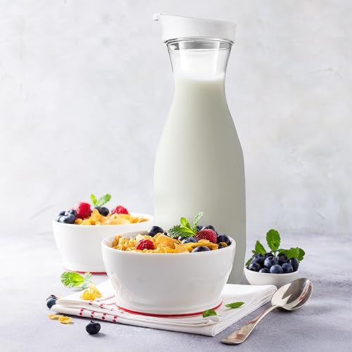 Miniatura 4 de DilaBee Jarra de plástico con tapa (paquete de 4, 32 onzas) dispensador redondo de bebidas de plástico para agua, jugo, té helado, jarras de agua,