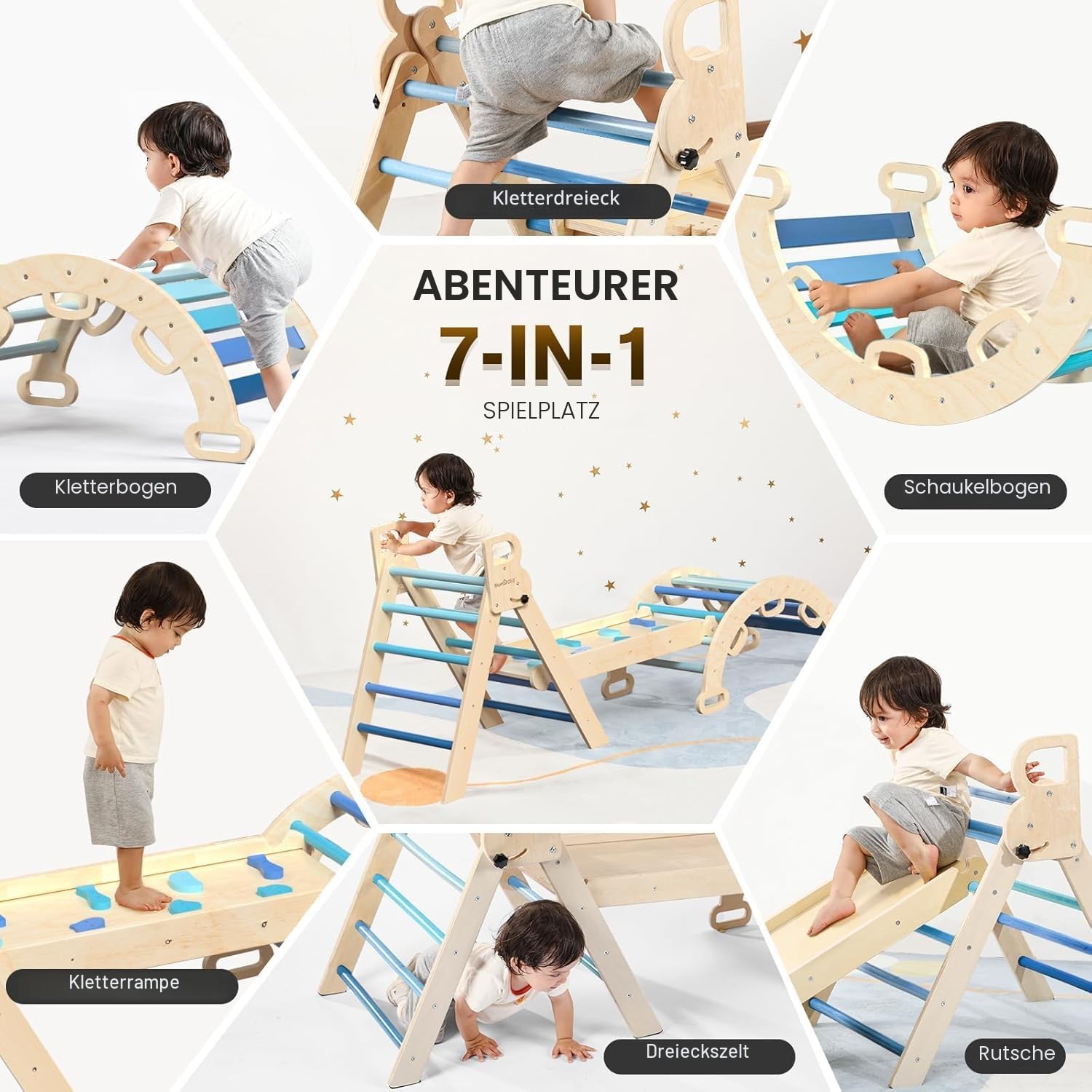 BlueWood 7-in-1 Montessori Kletterdreieck mit Kletterbogen und Rutsche, Holzdreieck für Kleinkinder, Indoor Kletterspielzeug für Kleinkinder, klettergerüst Indoor ab 1 Jahr