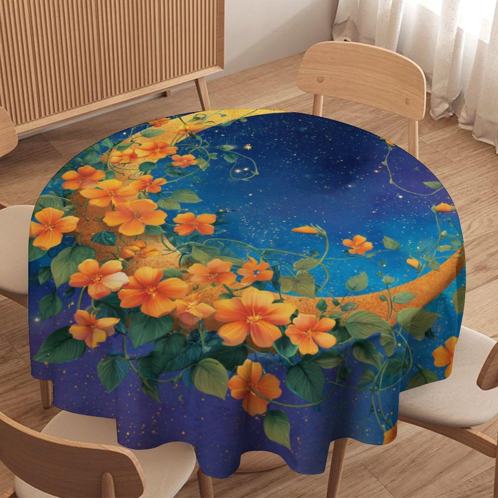 LUYYSKY Colorful Realistic Moon Round Tablecloth Vintage Classic Starry Sky Galaxy Plant Flowers Print Washable Decor for Table Cover for Kitchen-177.8" Wx177.8 L cm
