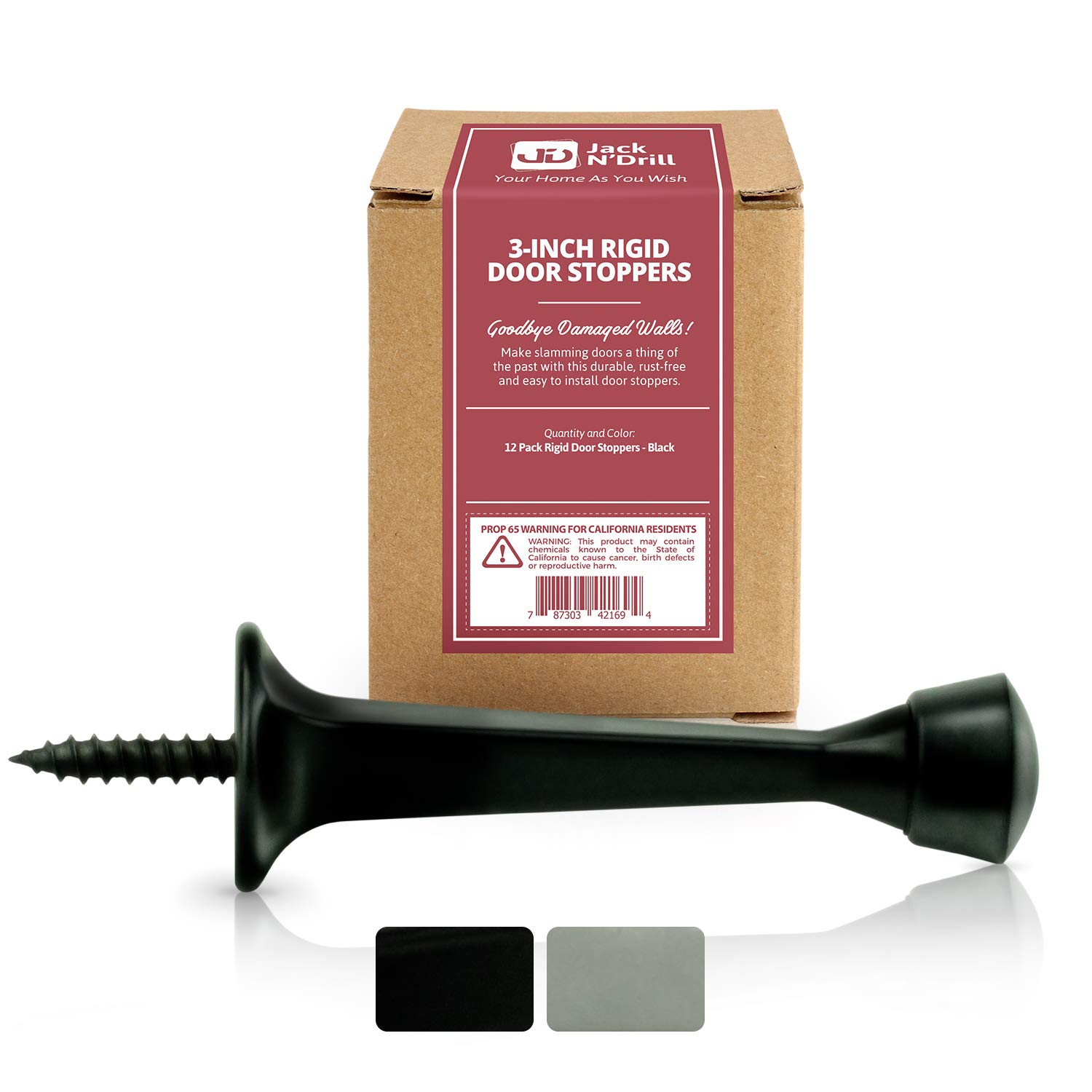 Buy Jack N’ Drill 3Inch Rigid Door Stop (12 Pack) Heavy Duty Solid