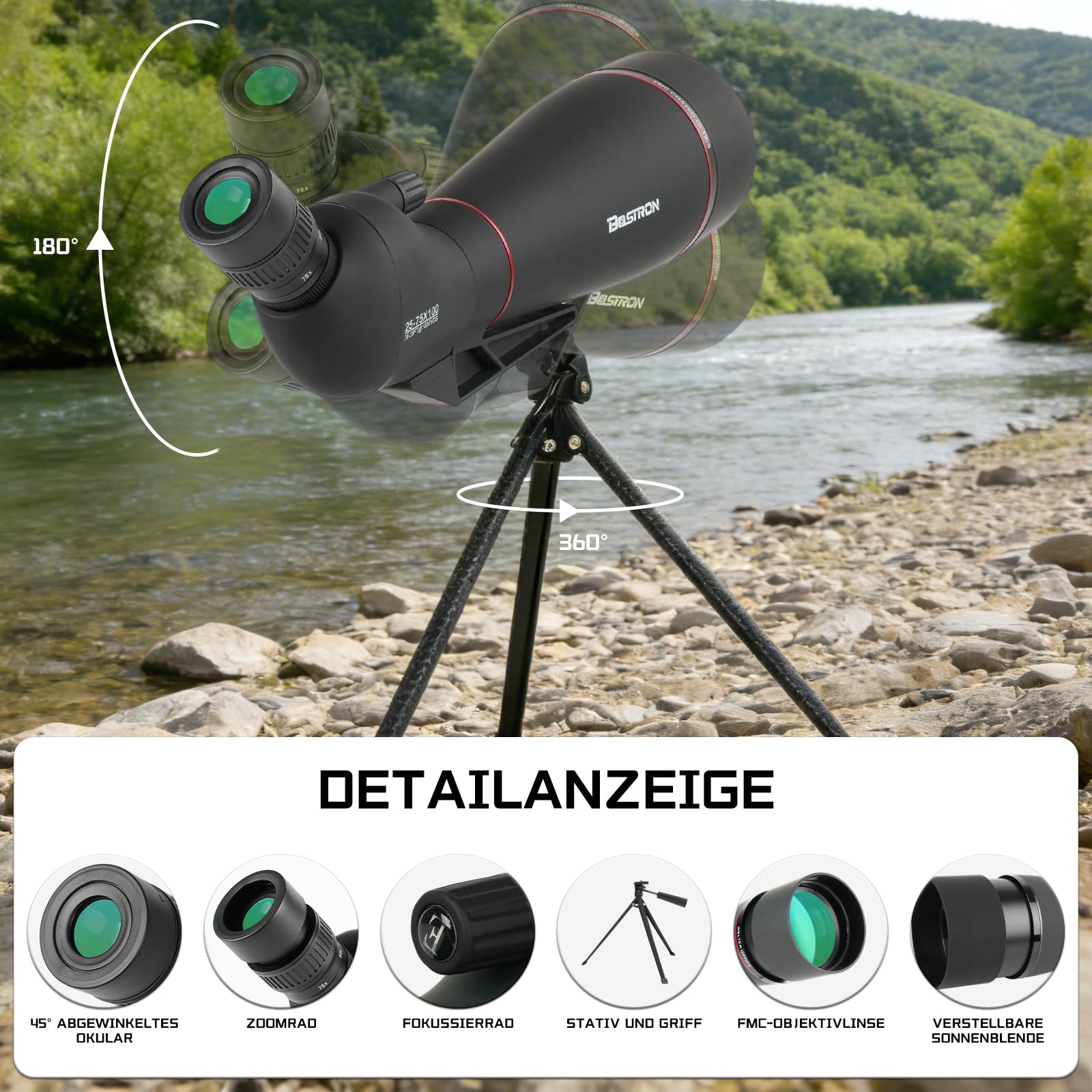 25-75x100 HD Spektiv Sportschützen mit Stativ für Jagd | HD-Optik-Zoom Spektiv mit Stativ Telefon Adapter und Tragetasche - Wasserdichtes für Zielschießen,Vogelbeobachtung