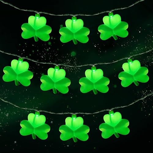 Miniatura 3 de Guirnalda de luces de trébol de 8.5 pies, luces de decoración del día de San Patricio con 10 luces verdes de la suerte, luces de trébol de la suerte
