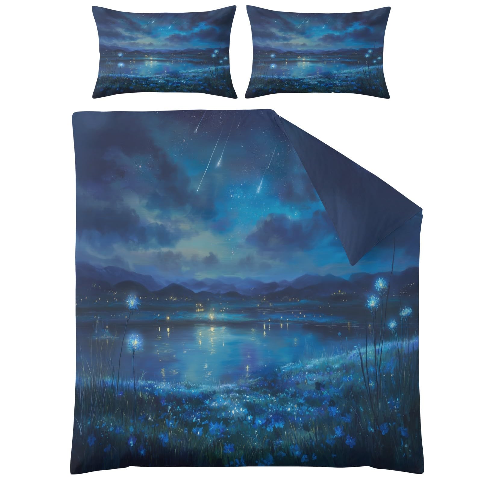 Generisch Pościel 200 x 220 cm, 3-częściowy zestaw pościeli dla dzieci, z mikrofibry, z zamkiem błyskawicznym, łąki, jezioro, popularna, miękka, dla chłopców i dziewczynek, niebieska pościel z 2
