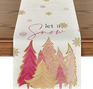 Artoid Mode Pink Christmas Tree Let It Snow Snowflake Table Runner, Seasonal Winter Kitchen Dining Table Decoration for Ho...