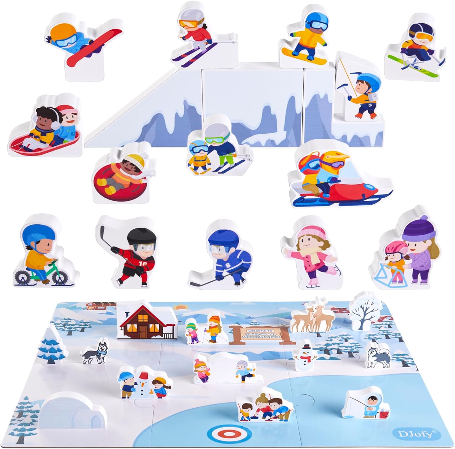 Winter Sports Building Block Toy Set, Wooden Action Figures with Assembly Playland Map, Sports Board Game, Wooden Toy Playset of Snow Ski and Ice Block Set, for Baby Toddler Kids Children