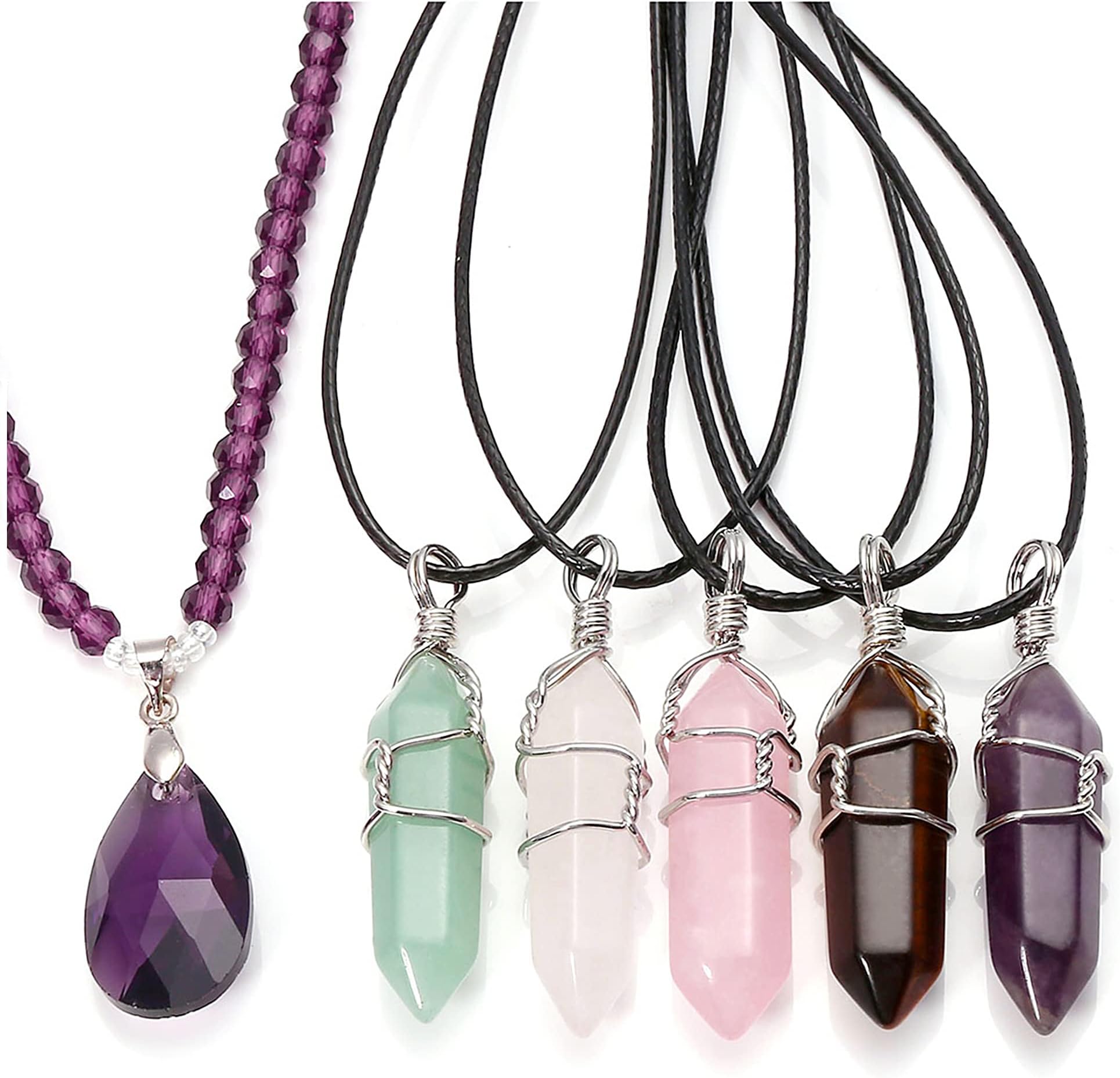 Top Plaza 5pcs Natural Amethyst+ Rose Quartz + Tiger Eye+ Green Aventurine + Rock Crystal Healing Point Chakra Pendants for Necklace Making