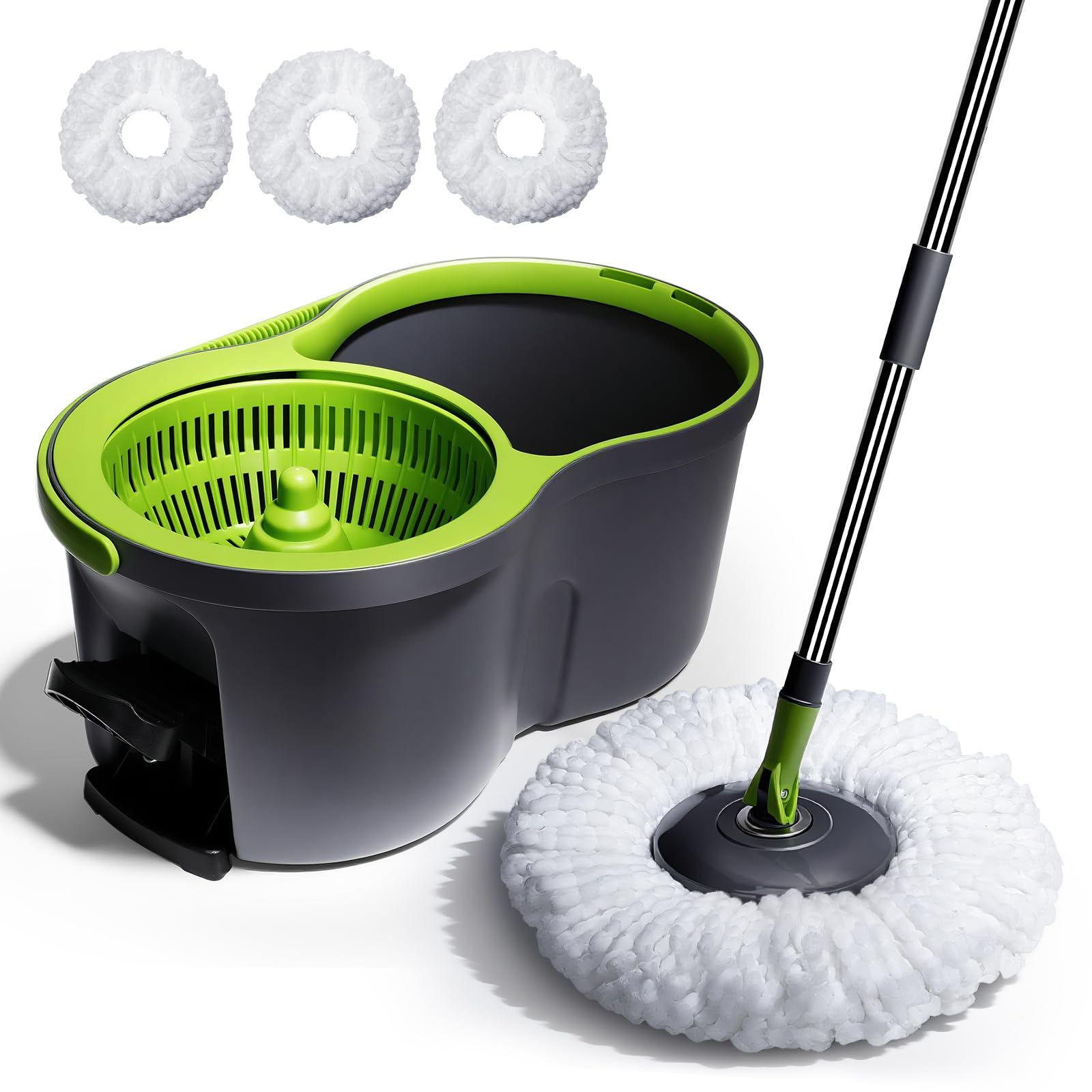 Wischmopp Set mit Eimer, Masthome Mop und Eimer mit Auswringer Set,Mikrofaser Bodenwischer Set mit 3 Mikrofaser Wischpads,360° Drehbares Bodenreinigung,Wischer Set für Zuhause und Büro,Grau+Grün Küche, Haushalt & Wohnen