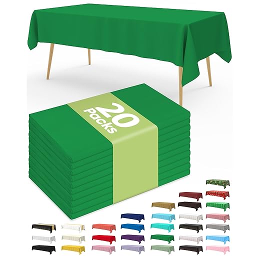 Pureegg Plastic Table Cloth Disposable 20 Pack, 54 x 108 Inch Table Cloths, St Patricks Day, Christmas Decorations, Tablecloths, Rectangle, Forest, Emerald, Plastic Cover, Leakproof & Sturdy, Green