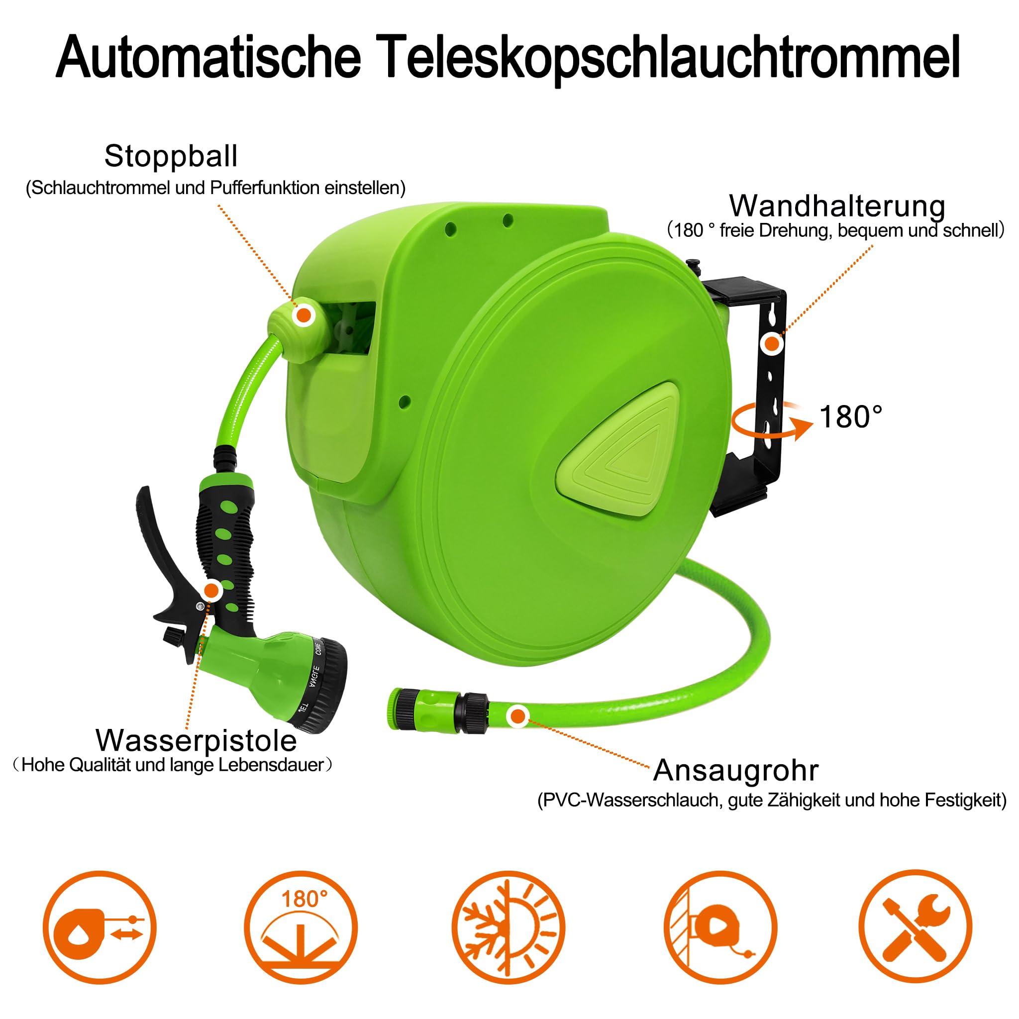 Aufun Carrete de manguera Retráctil 30m + 2m automático con Ducha de mano, Soporte de pared Múltiple con asa de Transporte para jardín, riego, lavado de autos (Verde,30M)