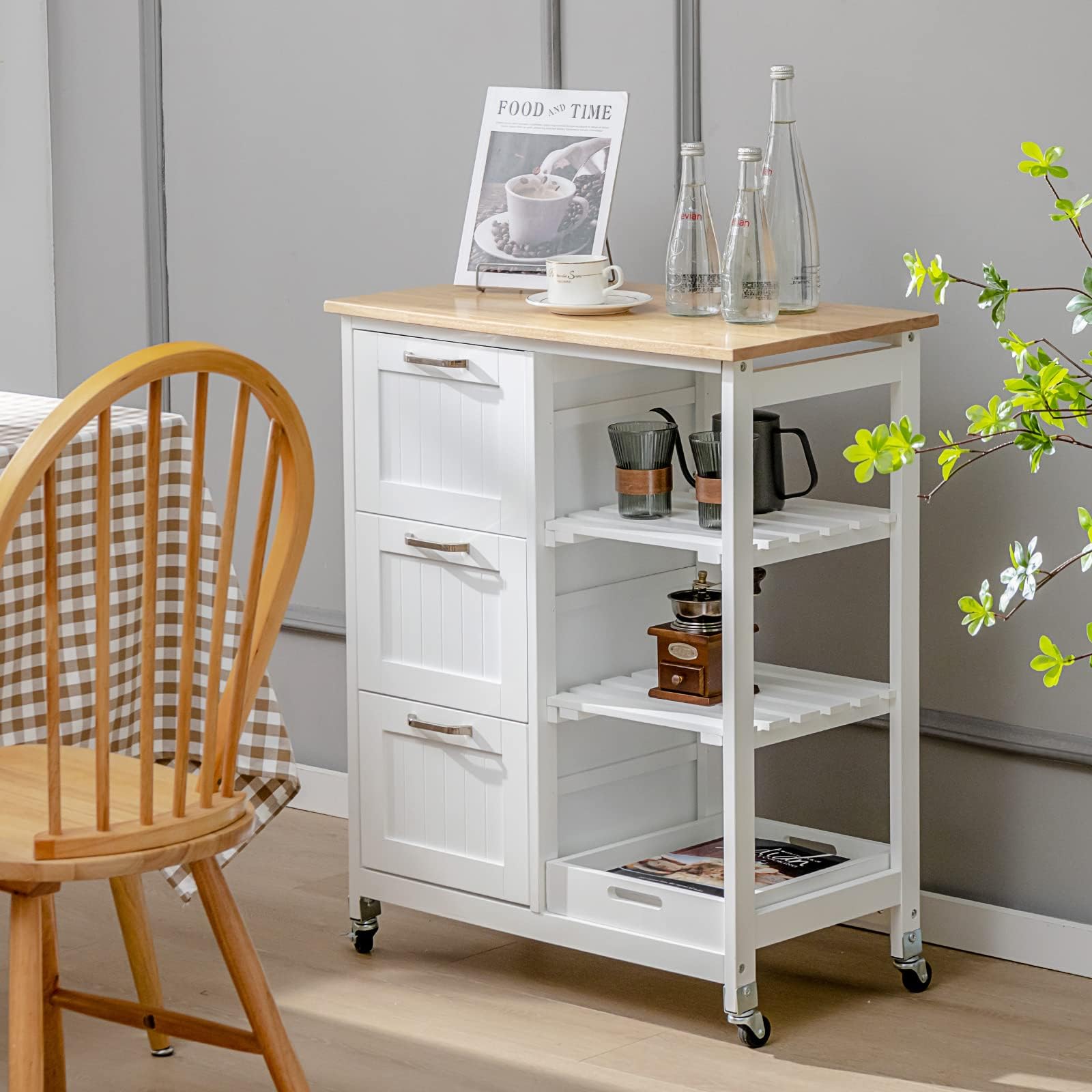 HOMCOM Carrello Da Cucina Con Ruote E Piano In Legno Hevea - 2 Ripiani, 1 Cassetto, Porta Strofinaccio - Grigio E Legno - 6