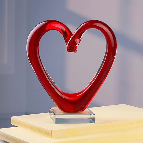 Miniatura 3 de Yao Yuan Escultura de corazón rojo soplado a mano de 7.49 pulgadas de alto, figuras de corazón de cristal, decoración del hogar, colección de