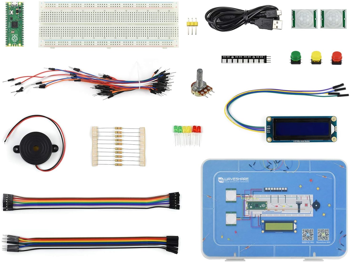 waveshare Raspberry Pi Pico Basic Starter Kit, MicroPython Programming Learning Kit with Rich Tutorials, Includes Raspberry Pi Pico with Pre-Soldered Header, LCD1602 RGB Module, PIR Sensor, LED etc.