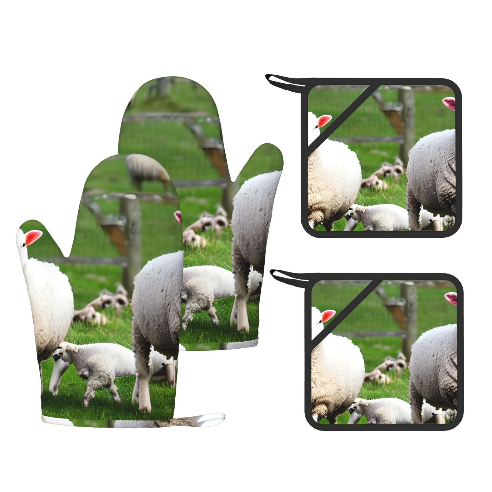 Nimongt Black Sheep And Lambs Print Heat Resistant Gloves Pads Reusable Kitchen Set Oven Baking Grilling Cooking