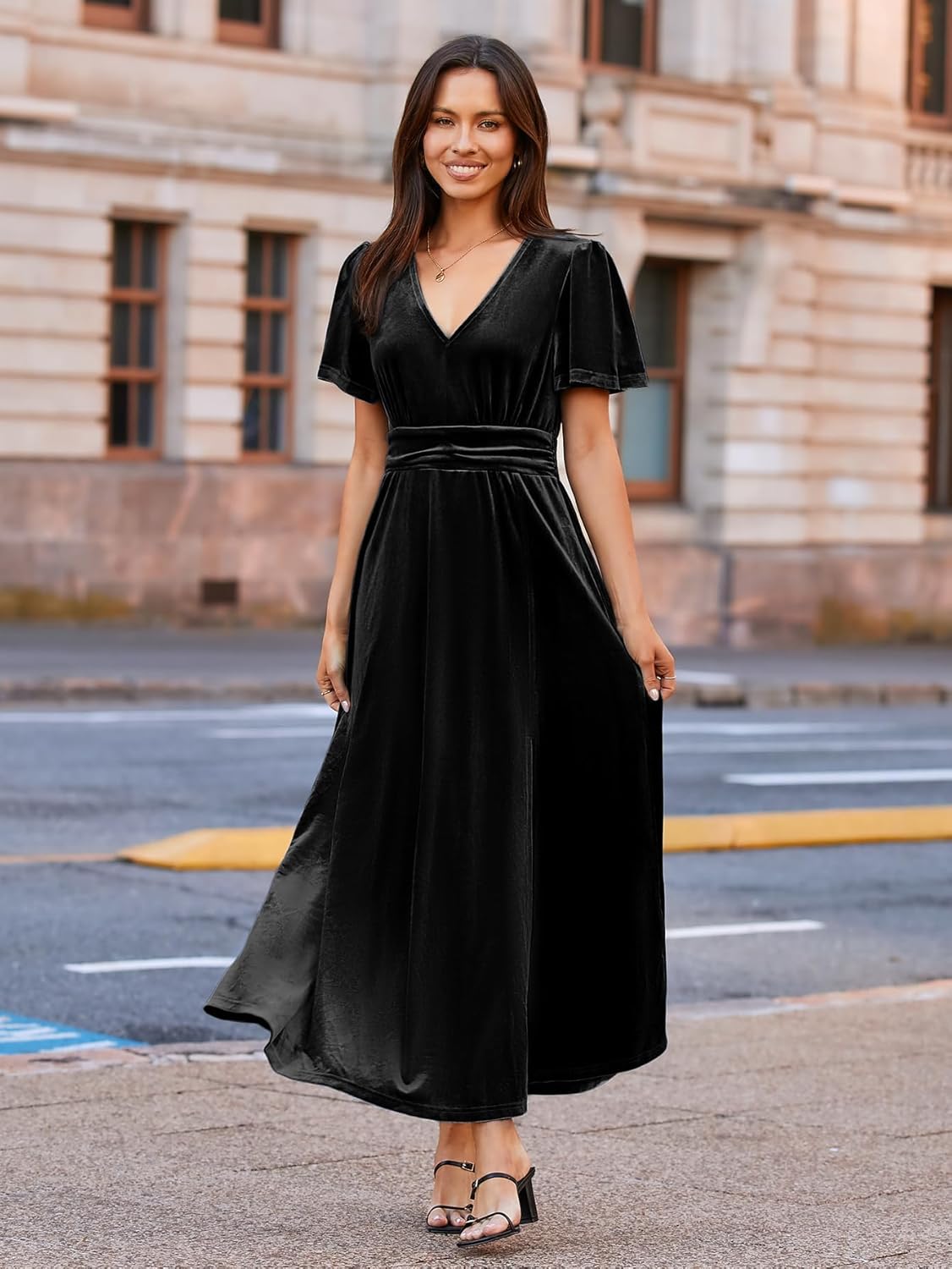 Simplee Women's Velvet Maxi Dress V Neck Short Sleeve Empire Waist Semi Formal Long Cocktail Dresses - Image 5