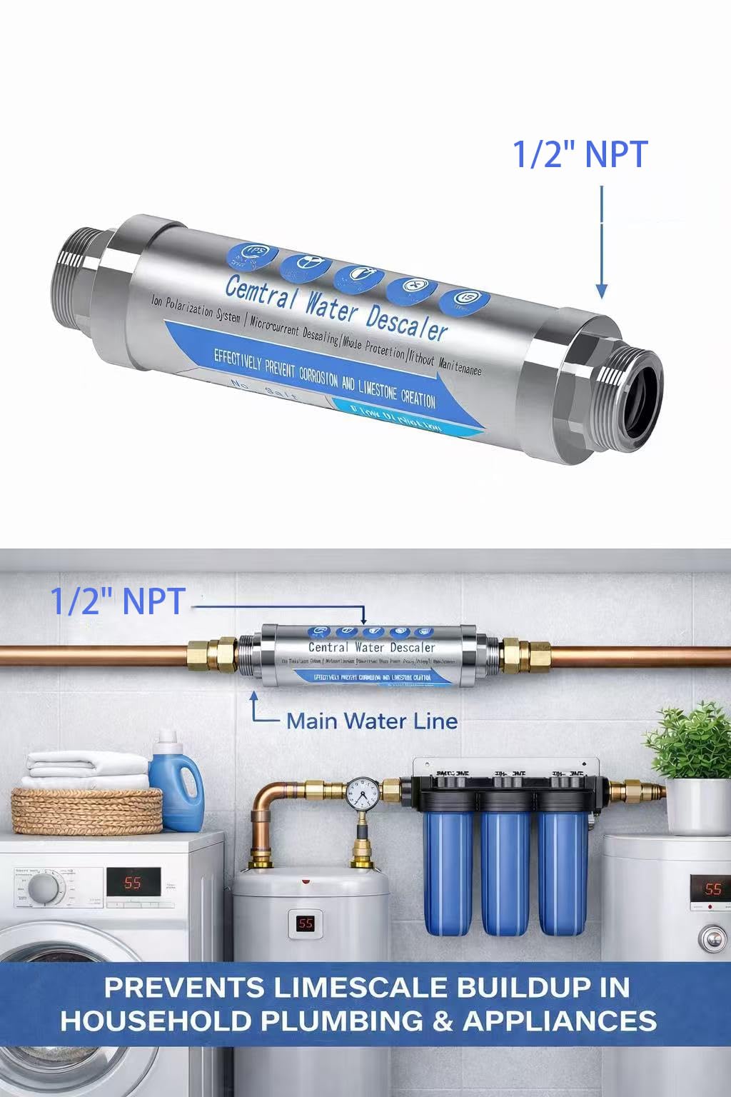Descalcificador de agua, para prevenir la cal en toda la casa, antical, filtro de agua, detergente, para uso en toda la casa con ducha, lavavajillas y calentador solar (G 1/2")
