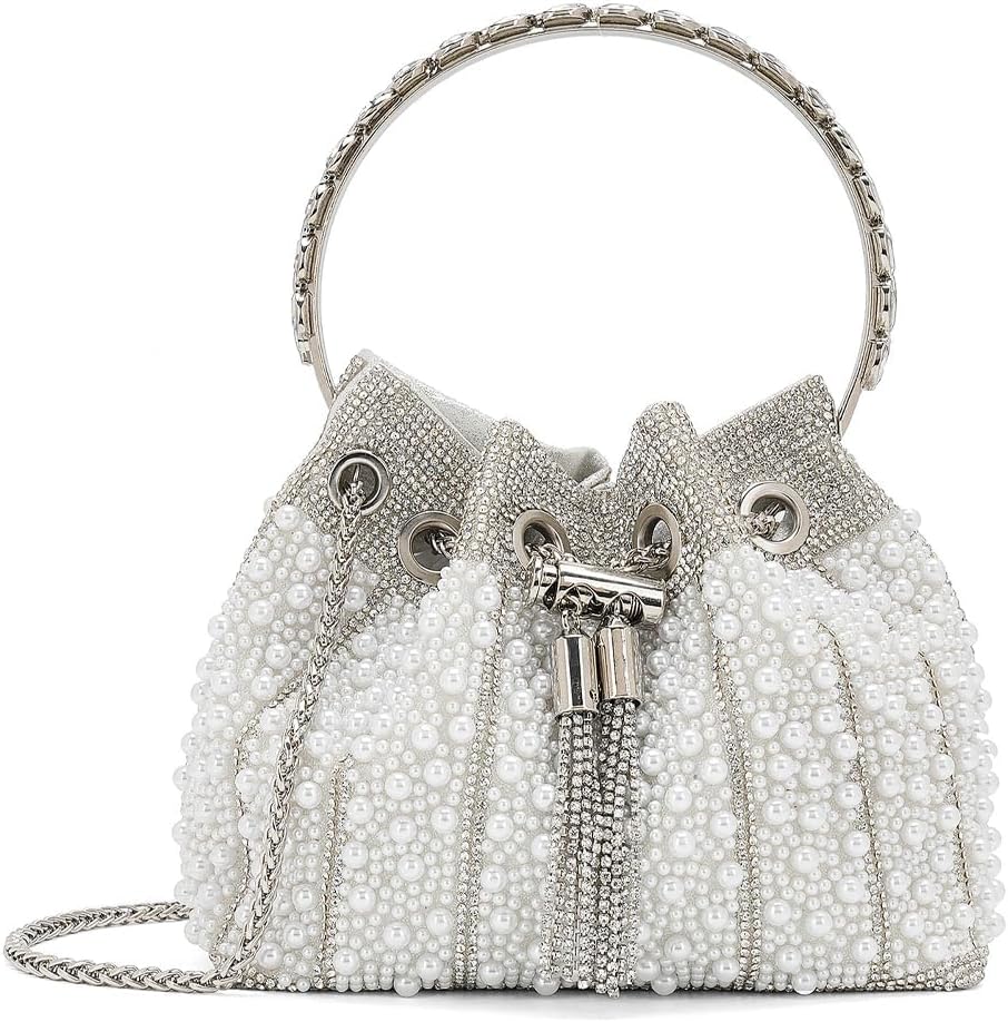 Pearl Clutch Purse Vintage Rhinestone Bucket Evening Bag Unique Crossbody Handbag for Wedding Party Prom