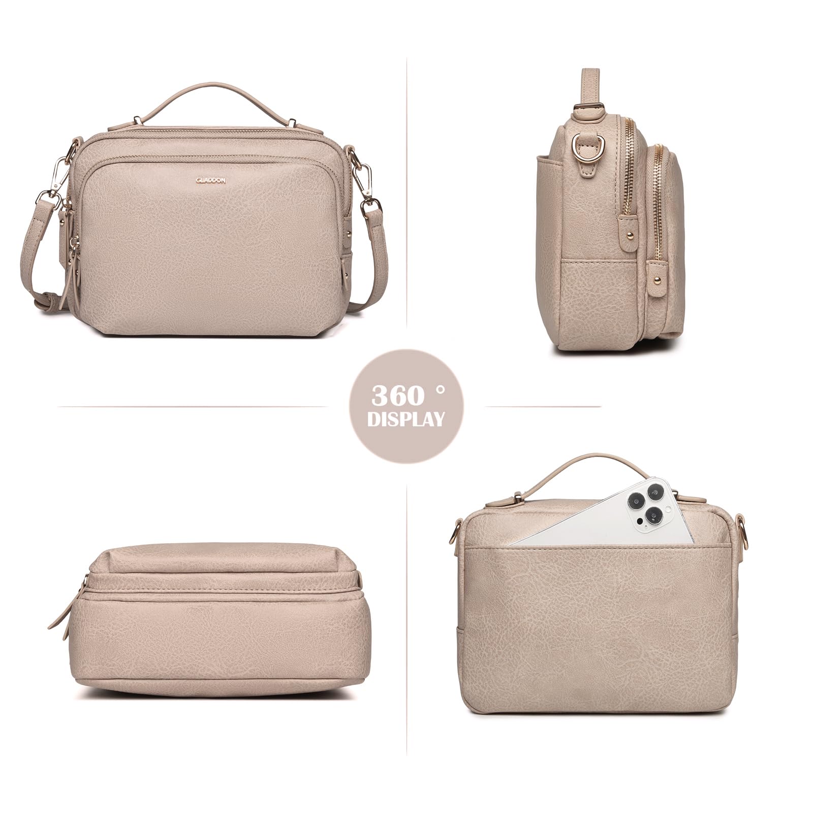 Gladdon Piccola Borsa a Tracolla Donna, Crossbody Bag con 3 Scomparti Capienti, Borsa Mano PU Pelle Sintetica, Borsetta Moda Borse Spalla con Tracolla Regolabile e Rimovibile…Taupe