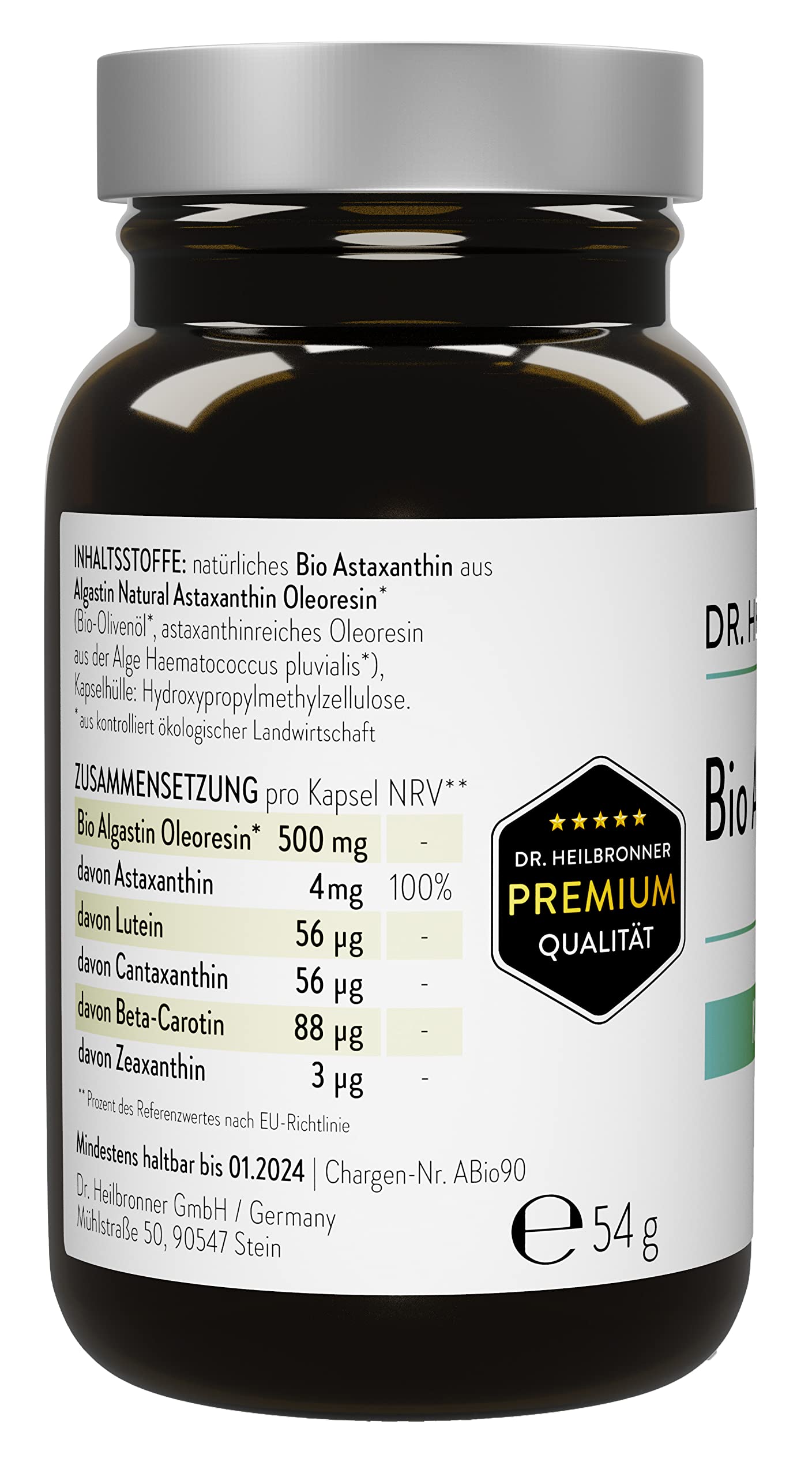 Dr. Heilbronner Bio Astaxanthin 4mg | 90 Kapseln in der Glasflasche | Antioxidantien aus der Vitalalge Haematococcus Pluvialis | Premium Supplements, Carotinoide, vegan, glutenfrei und lactosefrei