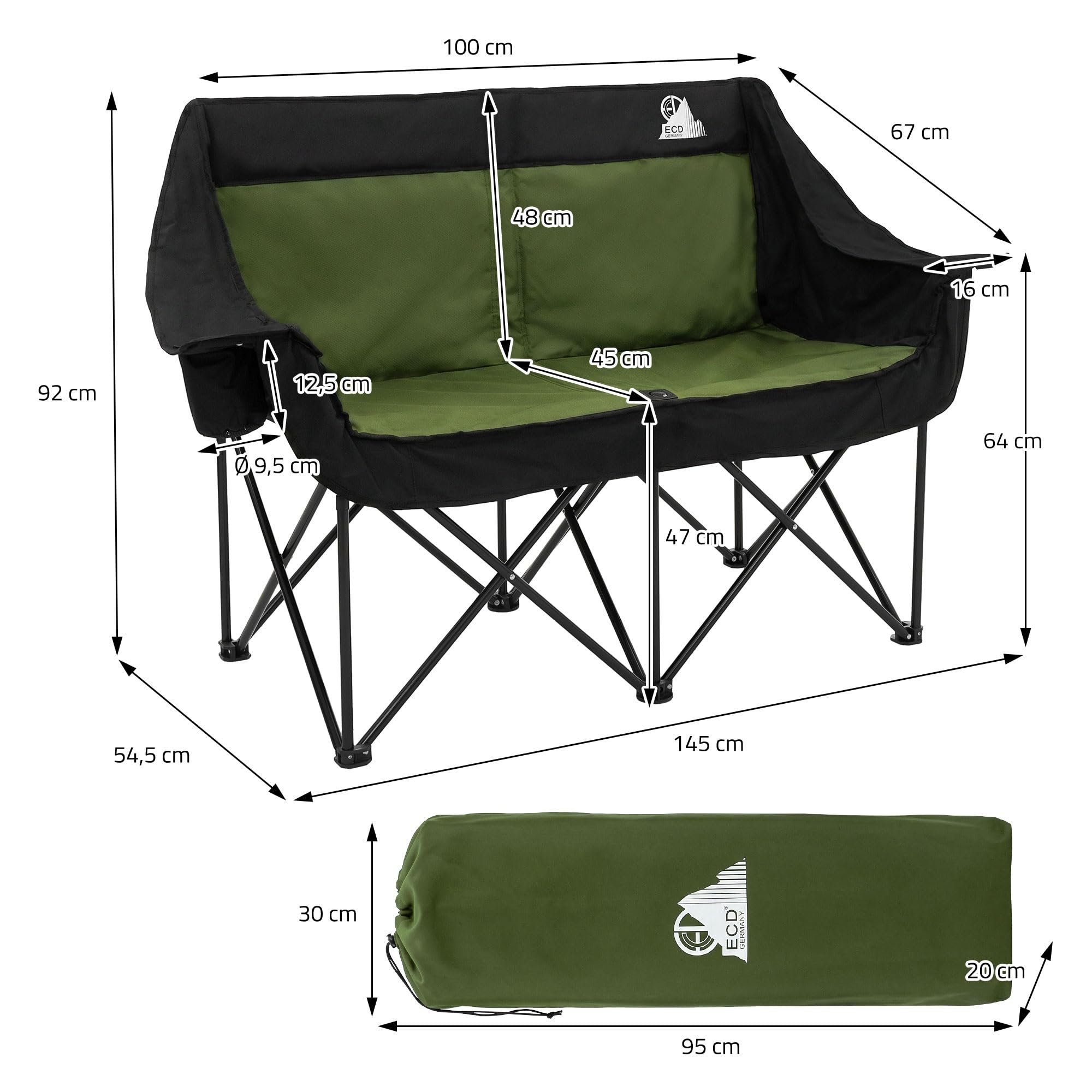 ECD Germany Podwójny Fotel Campingowy Khaki, Krzeslo Outdoor 2 Osobowe z Metalowa Konstrukcja, Skladana Sofa Turystyczna z Uchwytami na Napoje i Torba, Wyscielane Siedzisko na Camping i Wedkowanie