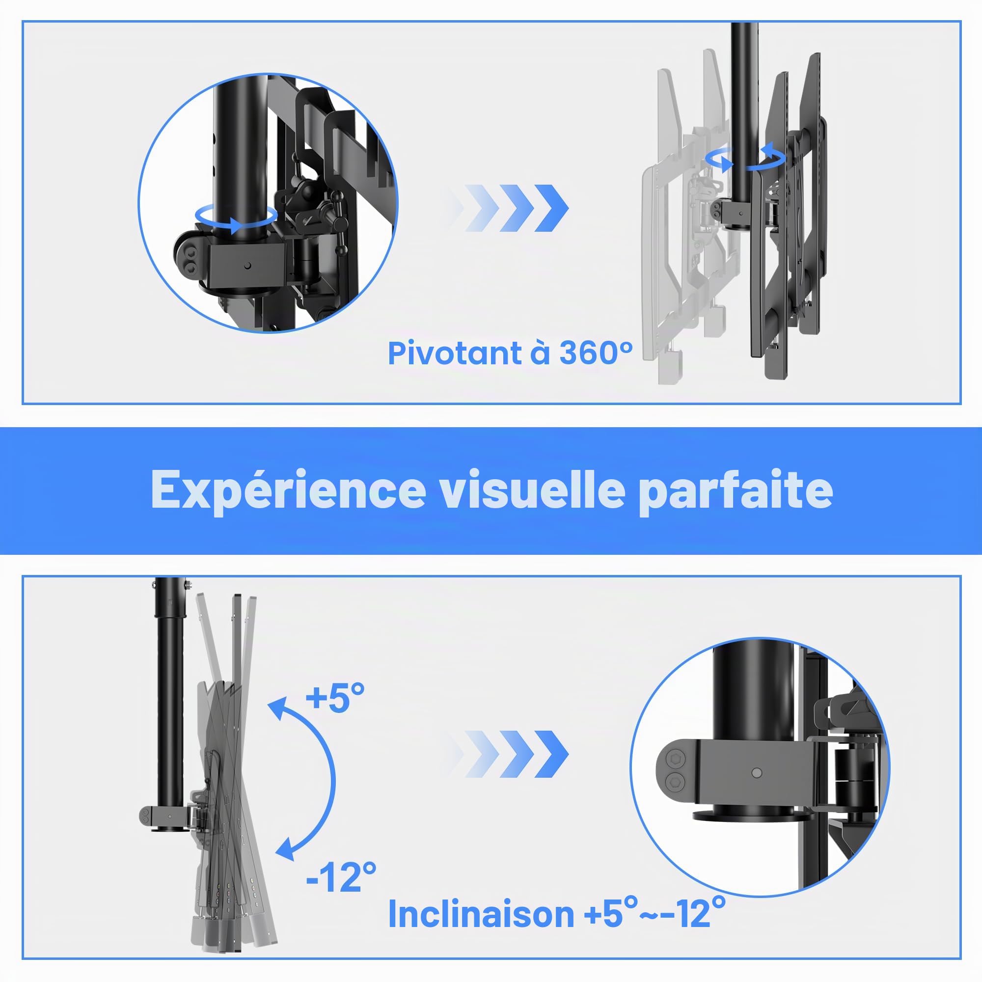 XINLEI Support TV Plafond adapte à la Plupart des écrans Plasma LED LCD de 37-75 Pouces avec VESA Maximum 600x400mm chargé jusqu'à 50 kg Support TV pivotant et inclinable réglable en Hauteur MC61A