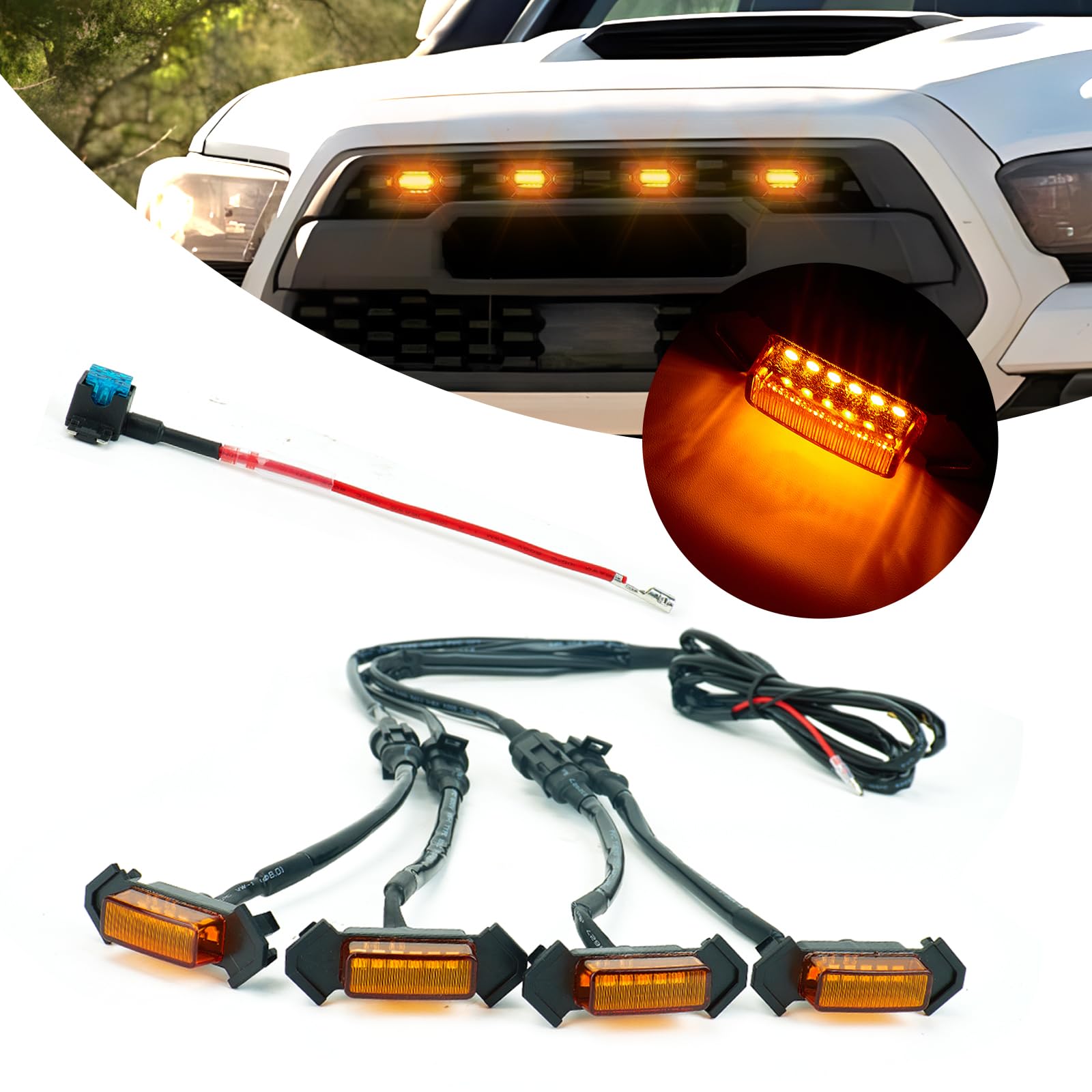 4PCS LED Grill Light with Fuse Adaptor & Wire Harness for Toyota Tacoma 2016-2019 TRD PRO OEM Front Bumper，Amber Yellow Raptor Grille Light Kit(Not