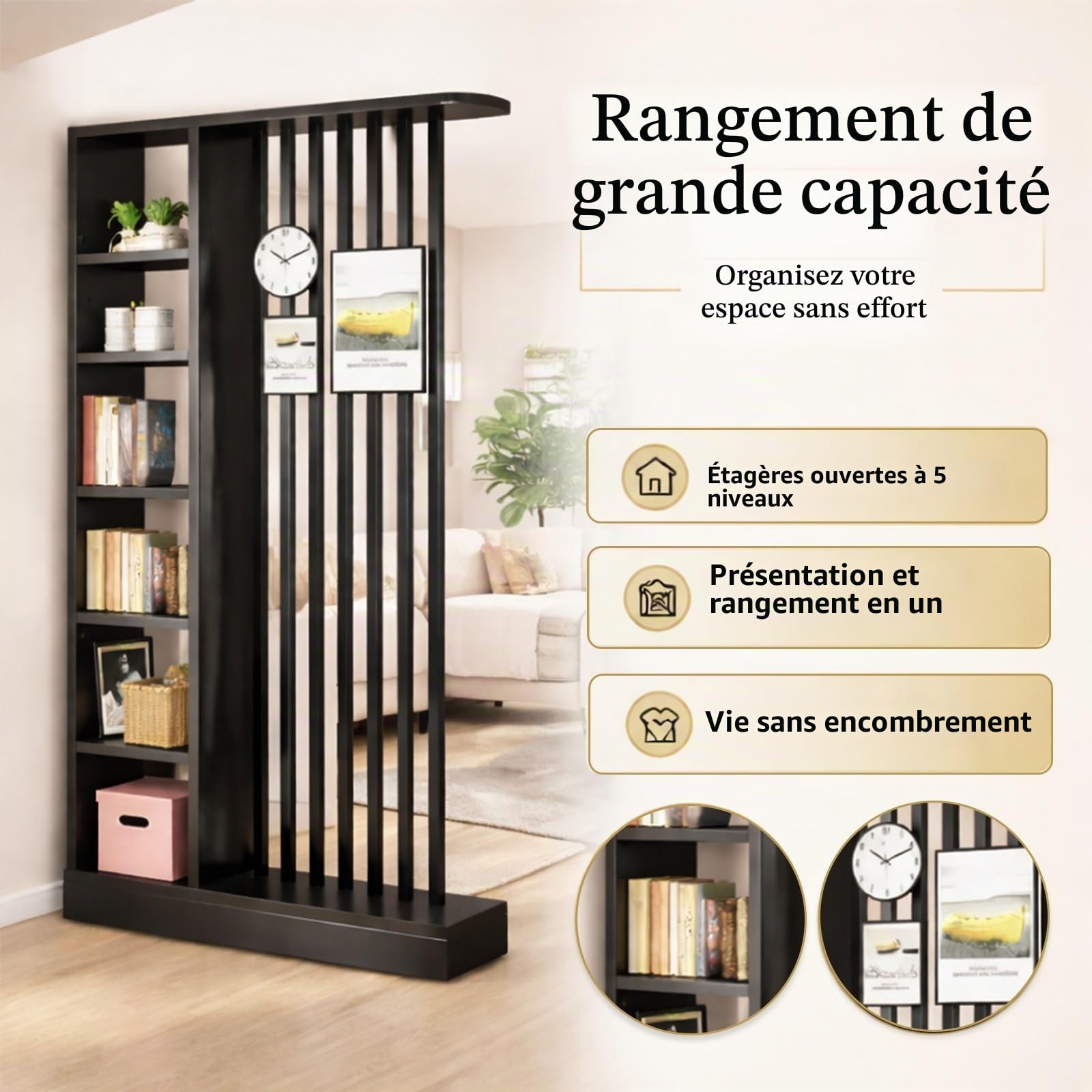 Claustra Intérieur Bois avec Rangement, Séparateur de Pièce Design Moderne, Cloison Amovible avec Étagères, Séparation de Pièce pour Salon Entrée Chambre Bureau, 205 cm