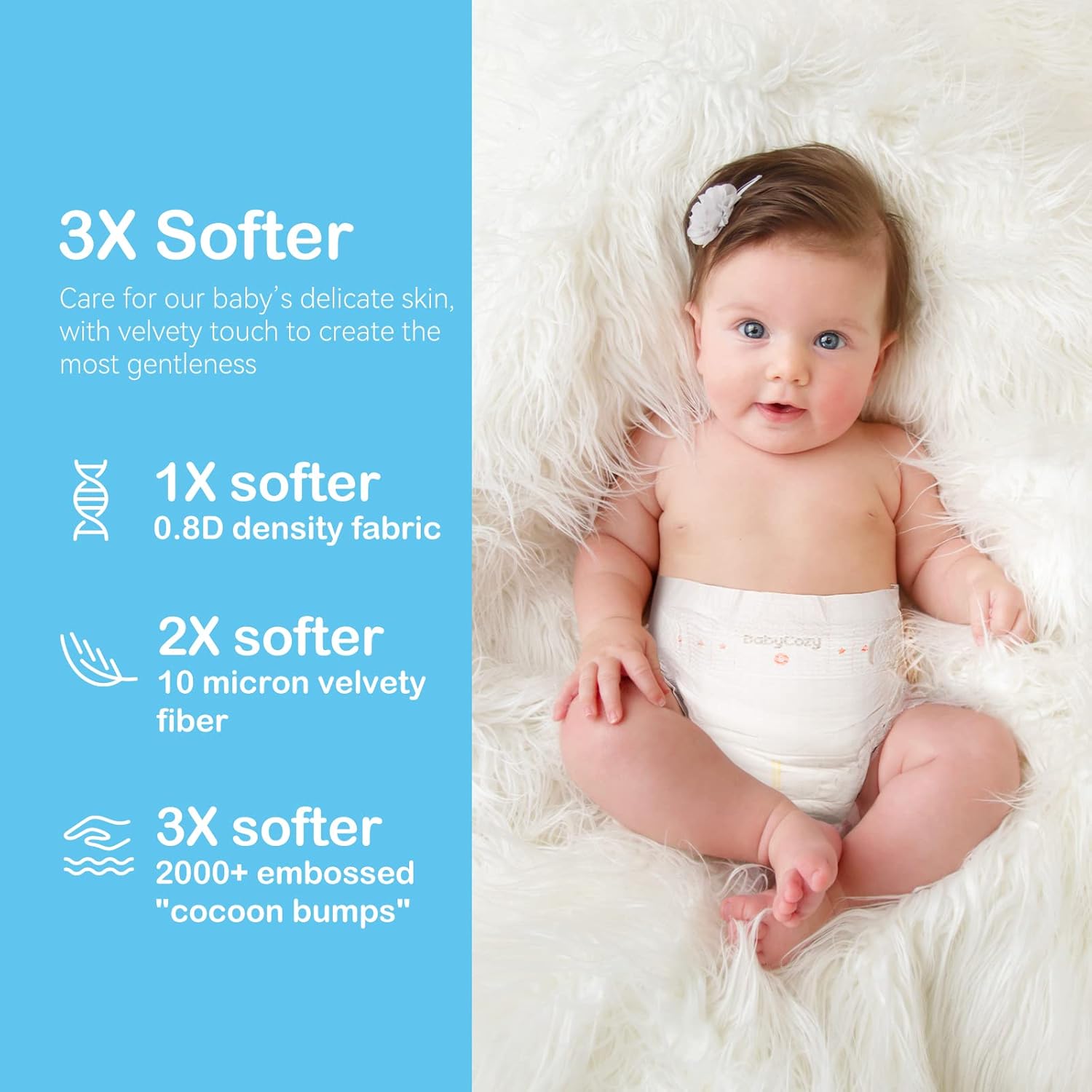 Newborn Baby Diapers Size 2(12-18lb) 74 Count Babycozy Bouncy Soft Diapers Hypoallergenic, Dry Disposable Diapers with Softer Touch 0.8D Diaper &10 Micron Velvet Fiber to Protect Sensitive Infant Skin - Image 4