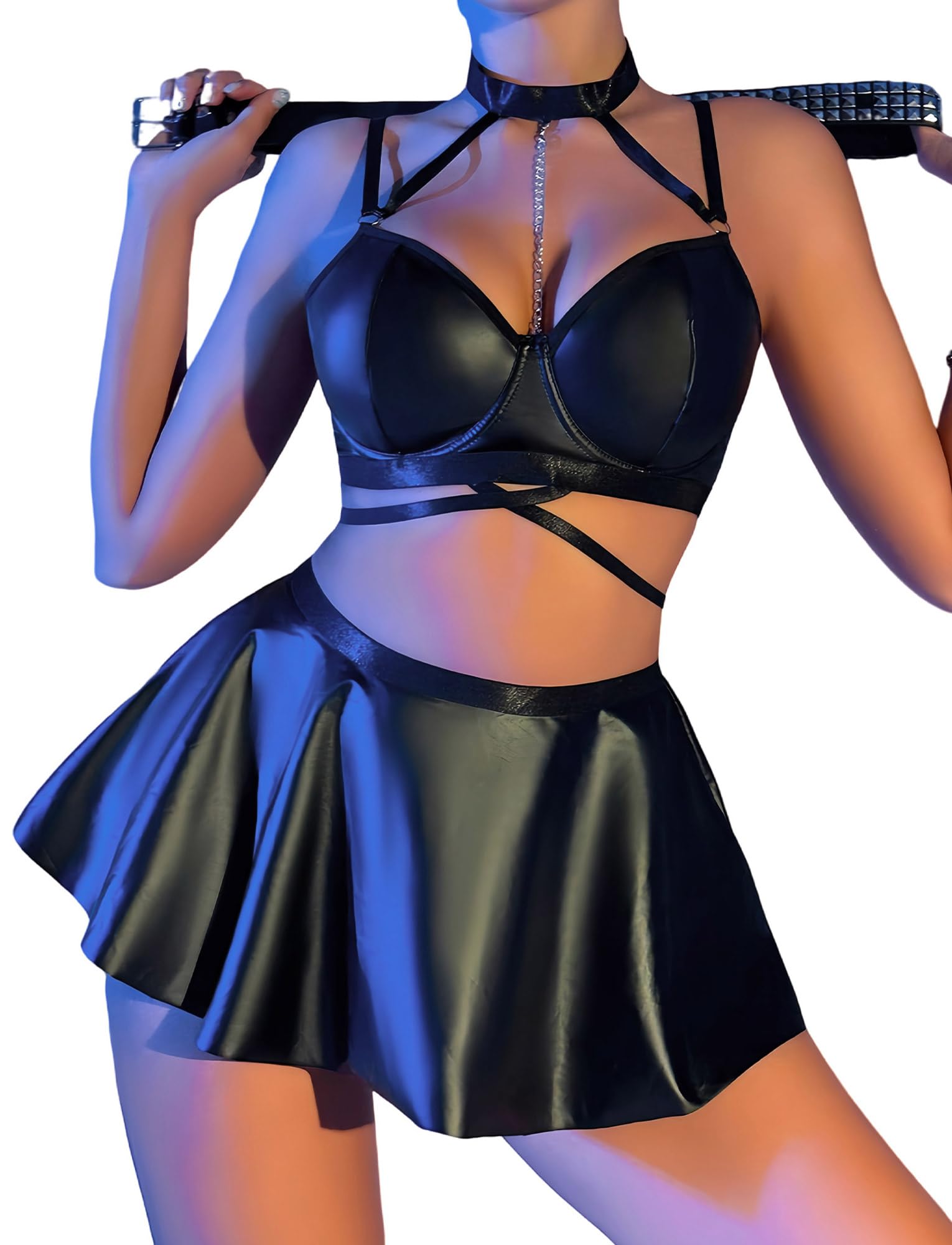 Adigau Damen Wetlook Dessous Sets Lackleder Bügel BH Crop Top Rock G-String Set Lingerie Nachtclub Kostüm Outfits Clubwear Schwarz L