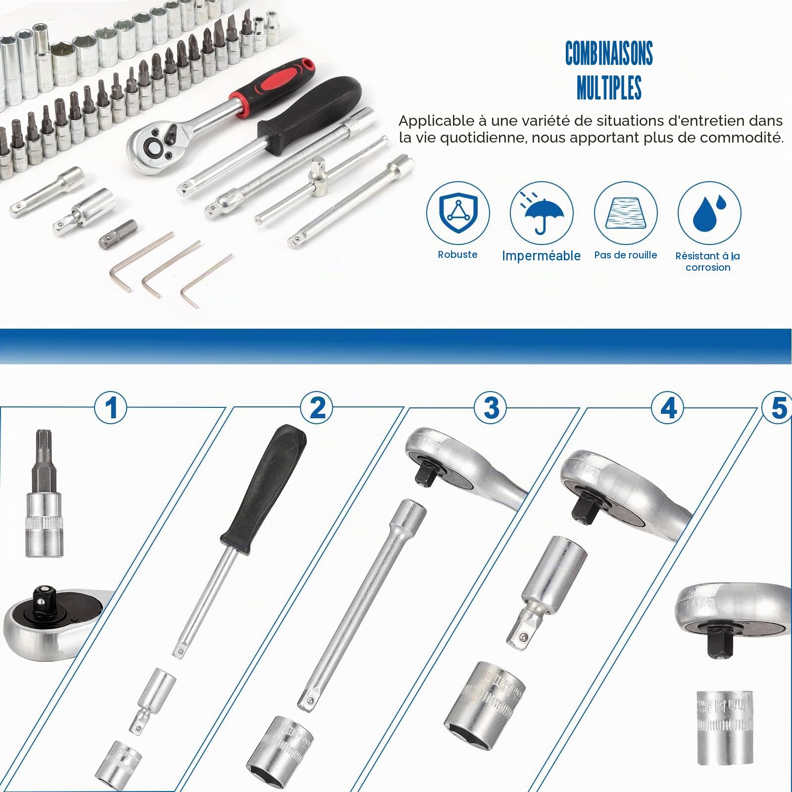 Lot de 53 douilles à cliquet 1/4" en acier CR-V, barre d'extension métrique et embouts pour bricolage, réparation automobile et ménage