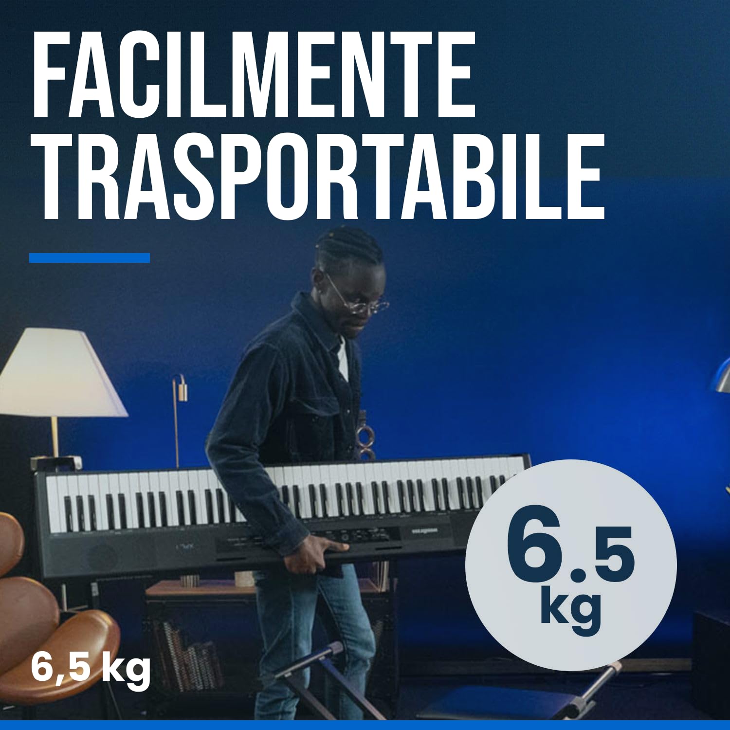 Woodbrass XPL1 - Pianoforte digitale portatile amplificato, 88 note, leggero, compatto e versatile, 25 suoni di qualità e amplificazione stereo, tastiera per imparare, perfezionare o giocare sul palco