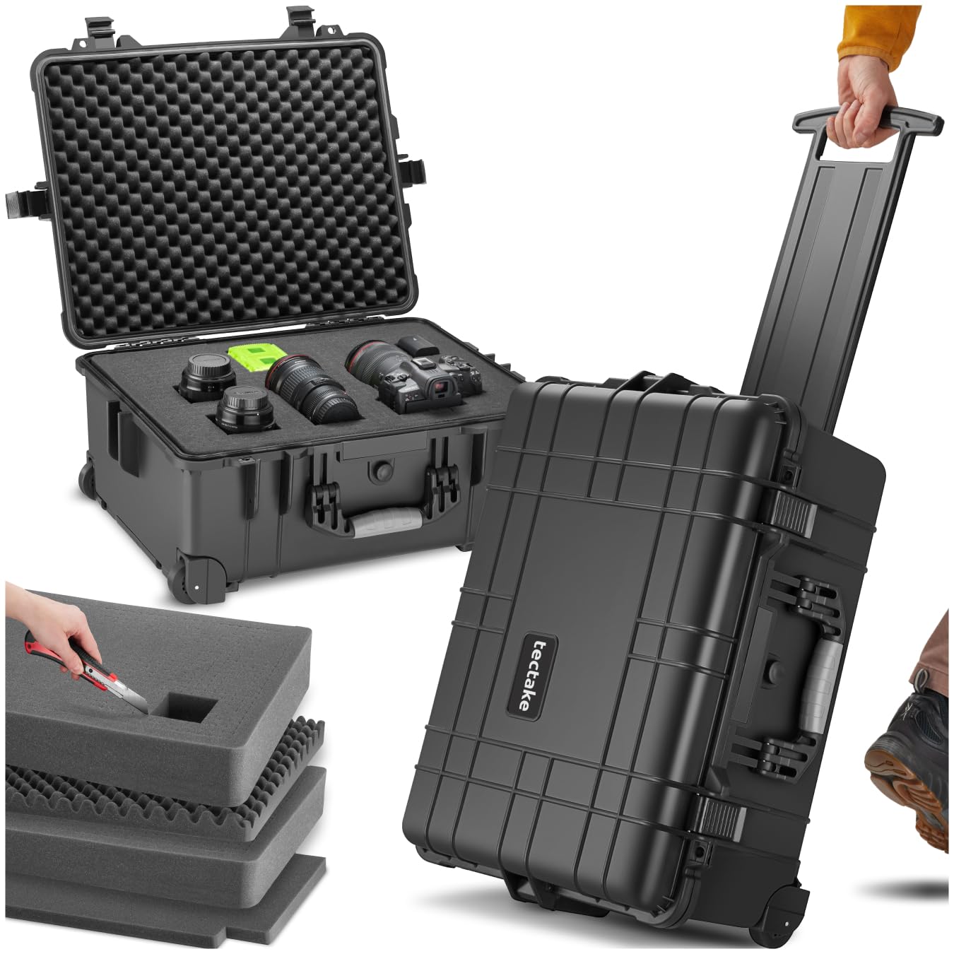 tectake® Empty Camera Case with Foam, Rigid Case, Shockproof Tool Cart, Tool Box with Wheels and Telescopic Handles, Weatherproof, 56 x 46 x 27 cm