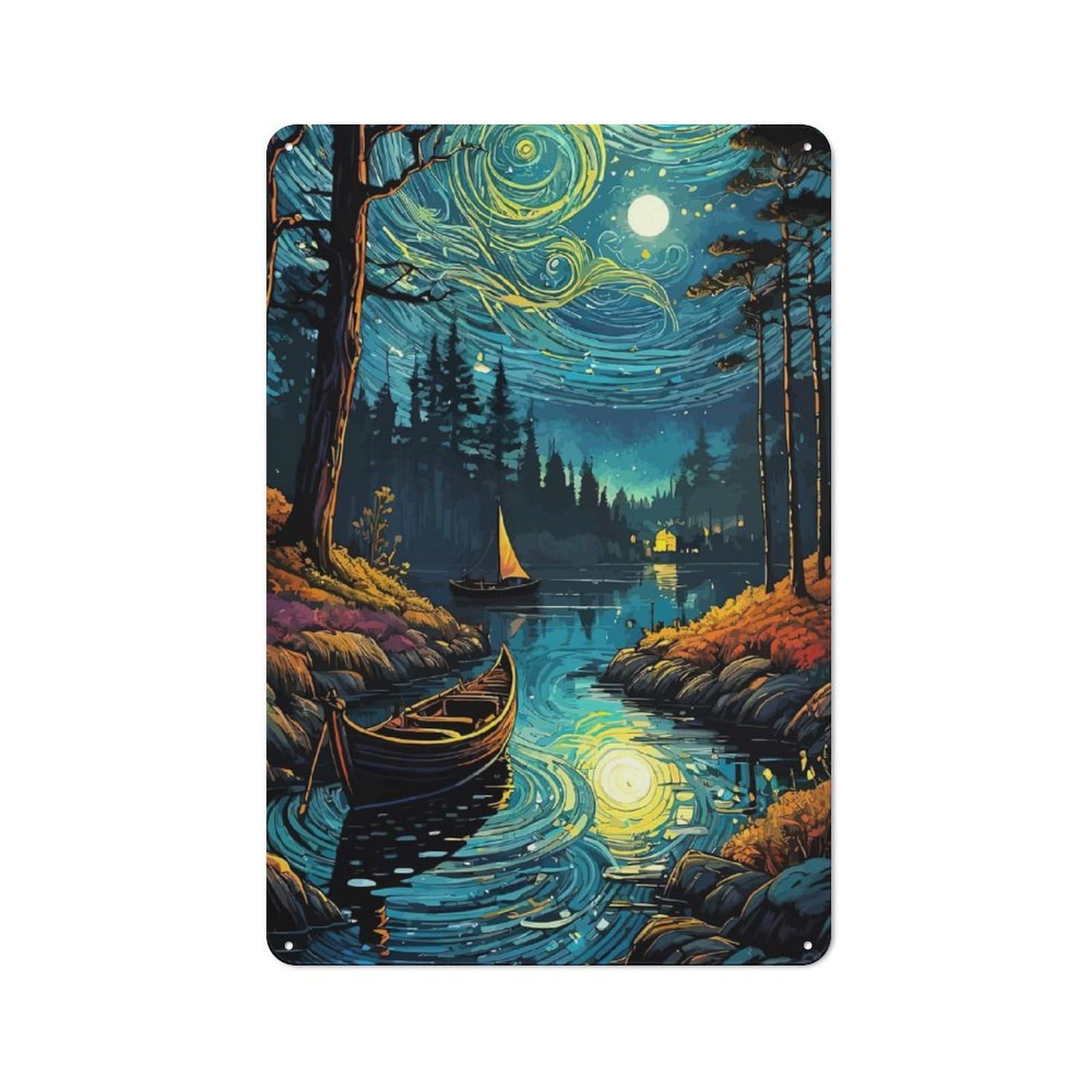 Junmoney Starry Night Lake Tin Wall Plaque 30X20cm With For Living Room Or Hallway, A Decorative Christmas Gift For Hallway Decor Fans