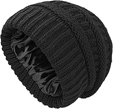 Satin Lined Beanie Hats for Women, Warm Slouchy Ladies Winter Hats, Classic Fashionable Wooly Cable Knit Skull Cap