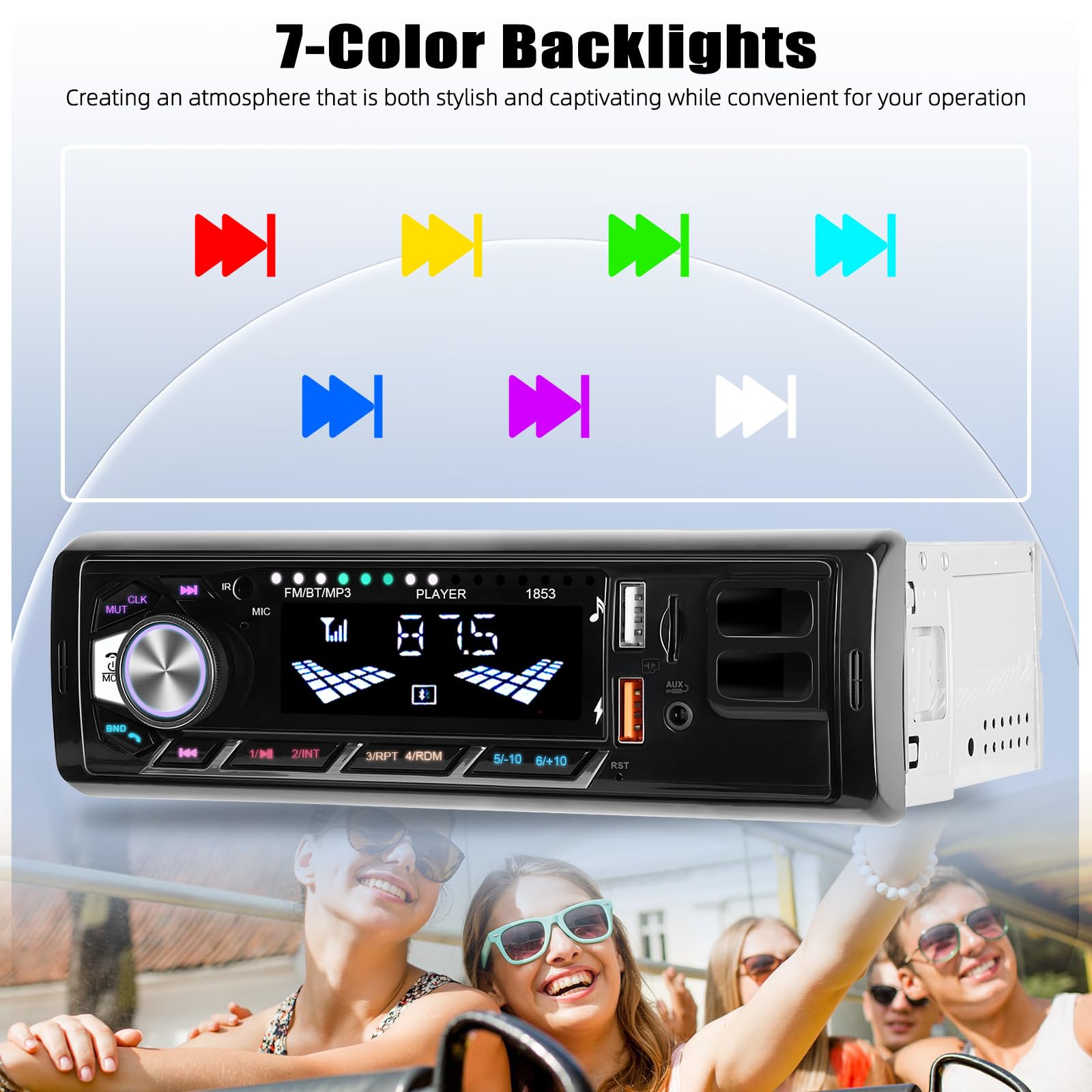 CAMECHO Autoradio 1 Din Bluetooth 5.0 mit Handyhalterung, Autoradio mit Bluetooth Freisprecheinrichtung, MP3 Tuner mit U Disk/FM/TF-Karte/AUX/2 USB 7 Backlight, 4 * 45W