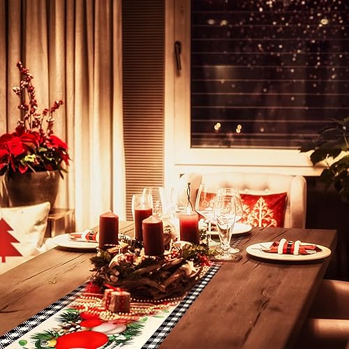 Miniatura 5 de Camino de mesa de Navidad de 72 pulgadas, lino blanco y negro, a cuadros, bola de Navidad, caminos de mesa de invierno, decoración de fiesta de