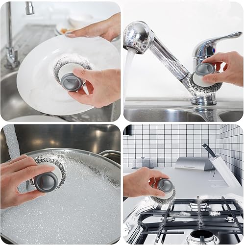 Miniatura 6 de cobee 2 unidades de depurador de acero inoxidable con asa, cepillo para limpiar platos, suministros de limpieza resistentes para ollas, sartenes,