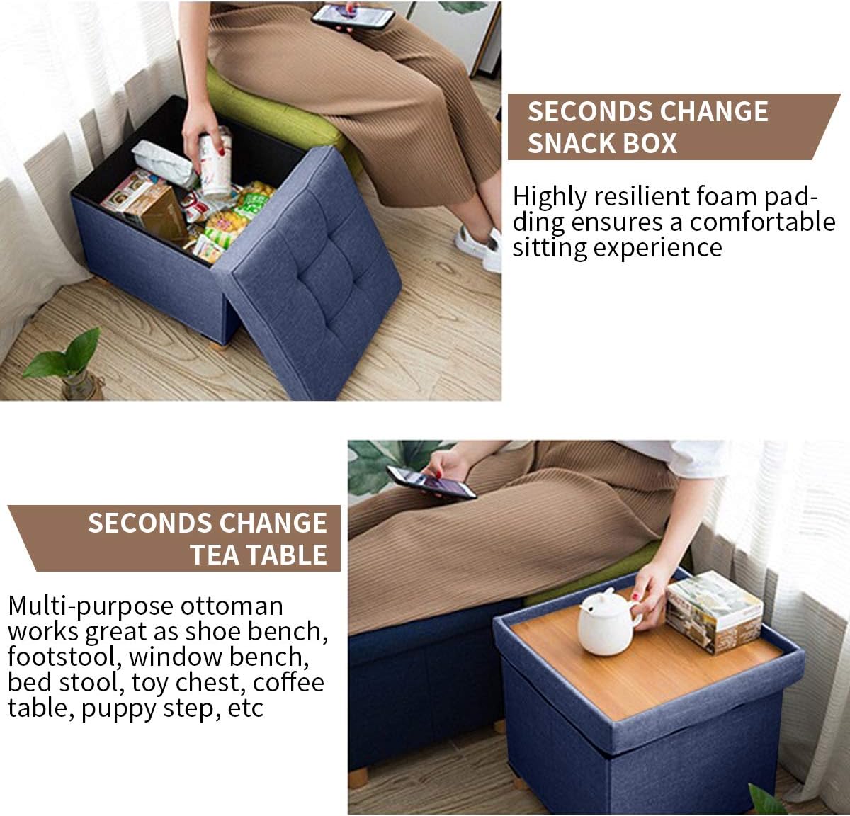 BRIAN & DANY Foldable Storage Ottoman Footrest and Seat Cube with Wooden Feet and Lid, Blue 15” x15” x14.7” : Home & Kitchen