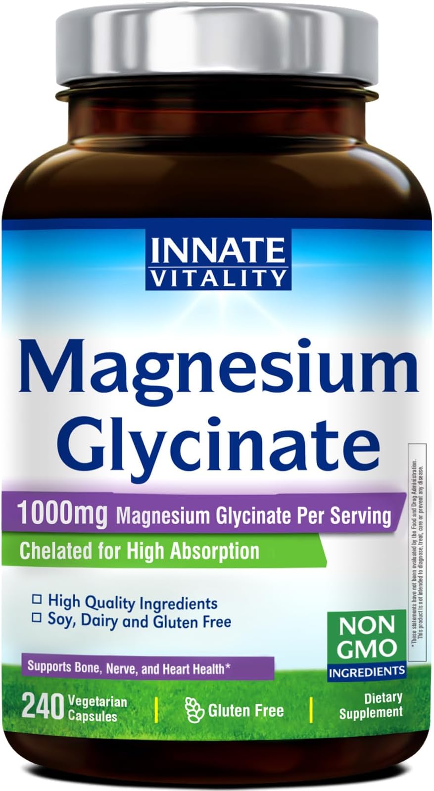 Magnesium Glycinate 1000mg Per Serving | 140mg Elemental Magnesium Supplement - High Absorption, Non Buffered, Non-GMO & No Gluten - Nerve, Bone & Heart Health - 240 Caps