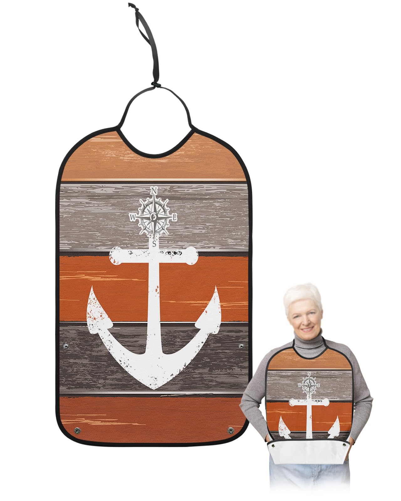 Orange Grey Ombre Wood Adult Bibs for Eating, Waterproof Bibs with Food Catcher & Adjustable Snap Closure, Beach Nautical Anchor Ocean Coastal Clothing Protectors Adult Bibs for Elderly Women/Men