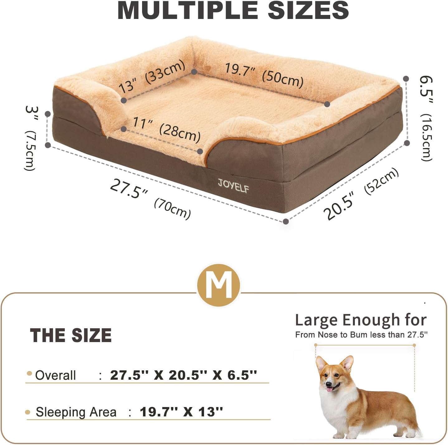 JOYELF Orthopedic Dog Bed for Medium Dogs, Foam Sofa Couch Bed, Bolster Waterproof Pet Bed with Removable Washable Cover and Nonskid Bottom for Small to Medium Dogs - Coffee