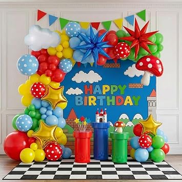 Red Blue green Yellow balloon garland Kit 130Pcs with Cloud mushroom Star balloons for Cartoon & Video Game theme Super bros Birthday inspired Party Decorations Red Blue Green Yellow