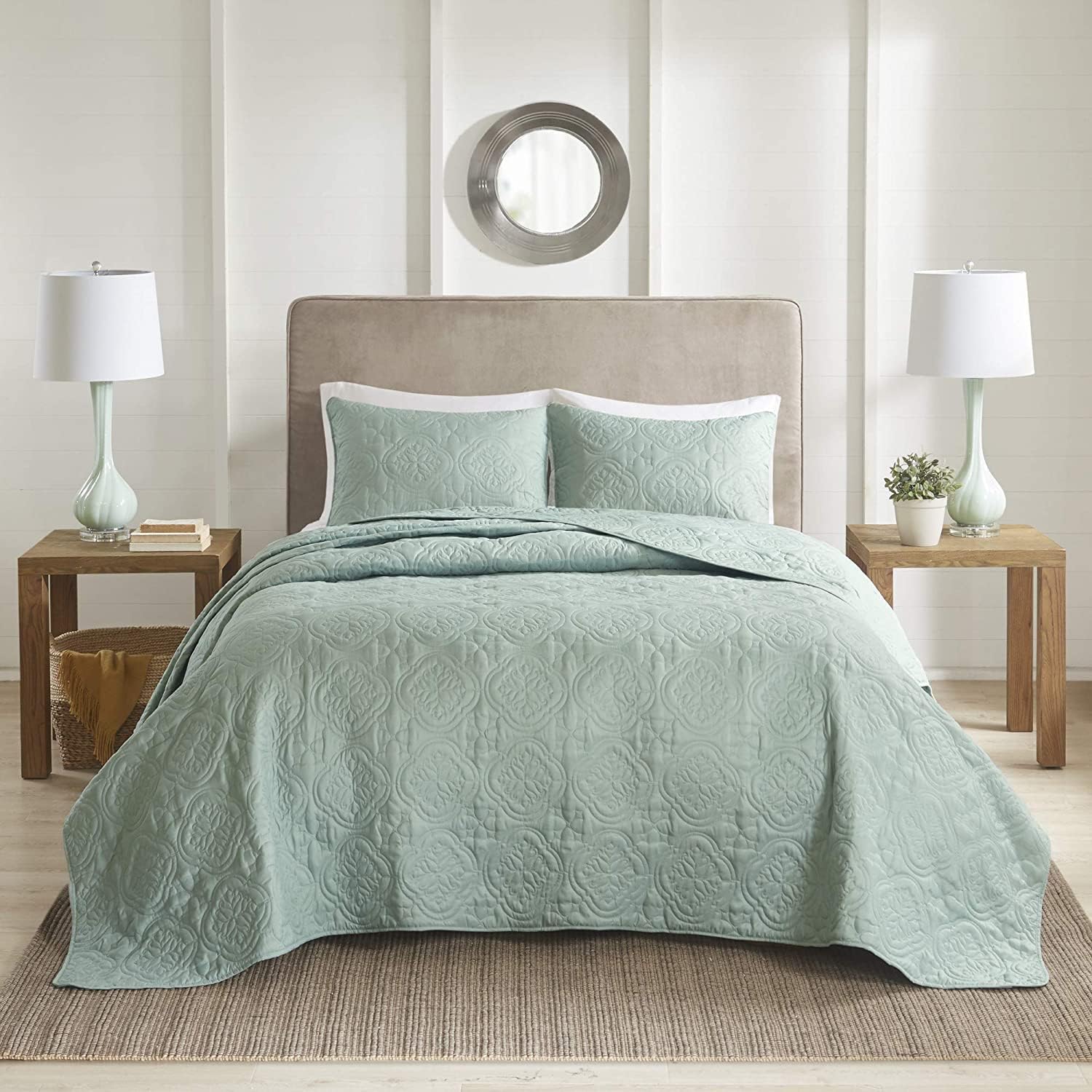 510 DESIGN Oakley Reversible Quilt Set - Luxe Stitching Design, All Season, Lightweight Coverlet Bedspread Bedding, Matching Shams, Oversized King/Cal King(120"x118"), Medallion Seafoam 3 Piece Medallion Seafoam Oversized King/Cal King(120"x118")