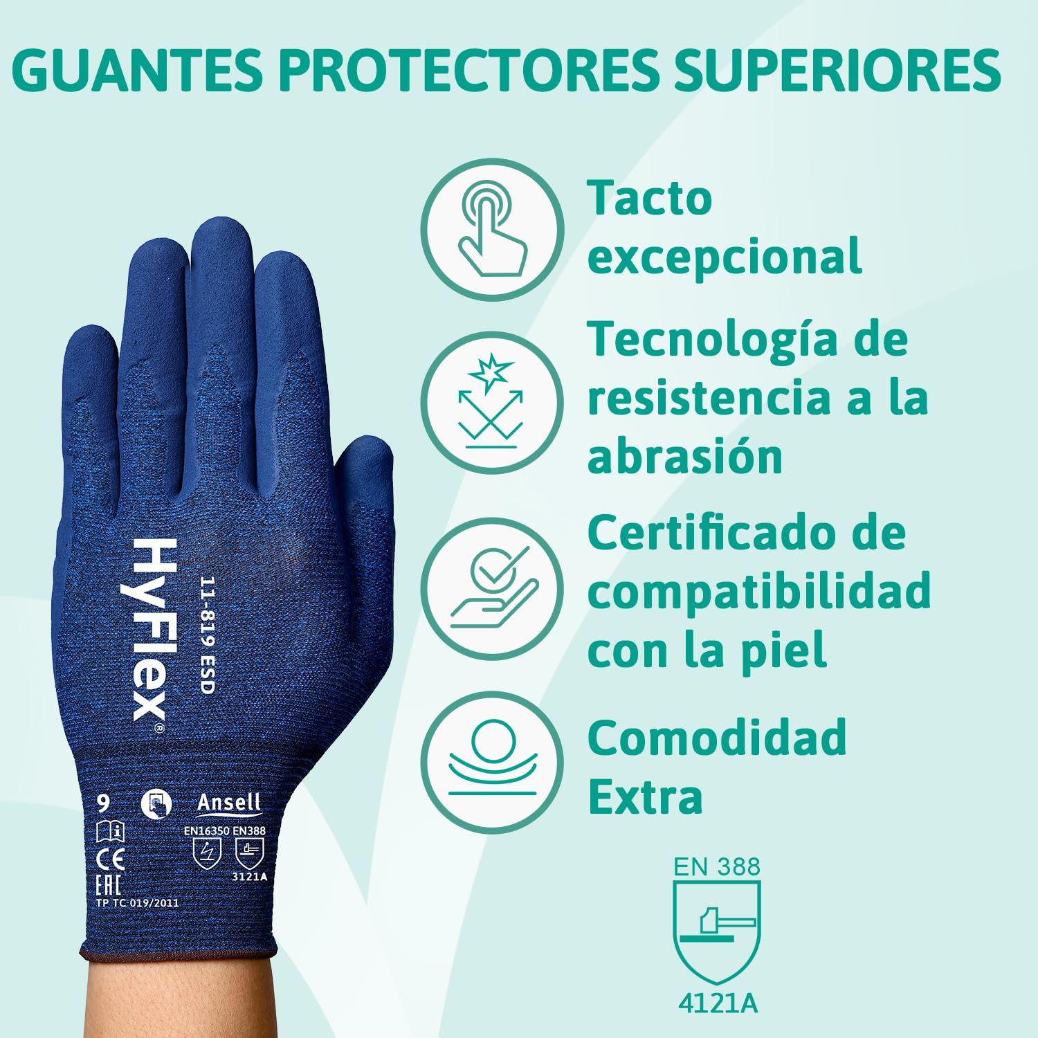 Ansell HyFlex 11-819 Guantes Trabajo Electricista, Diseno Ultraligero con Recubrimiento Nitrilo ESD Antiestatico, Guantes Seguridad Touchscreen, Guantes Hombre y Mujer, Azul, Talla L (12 Pares)