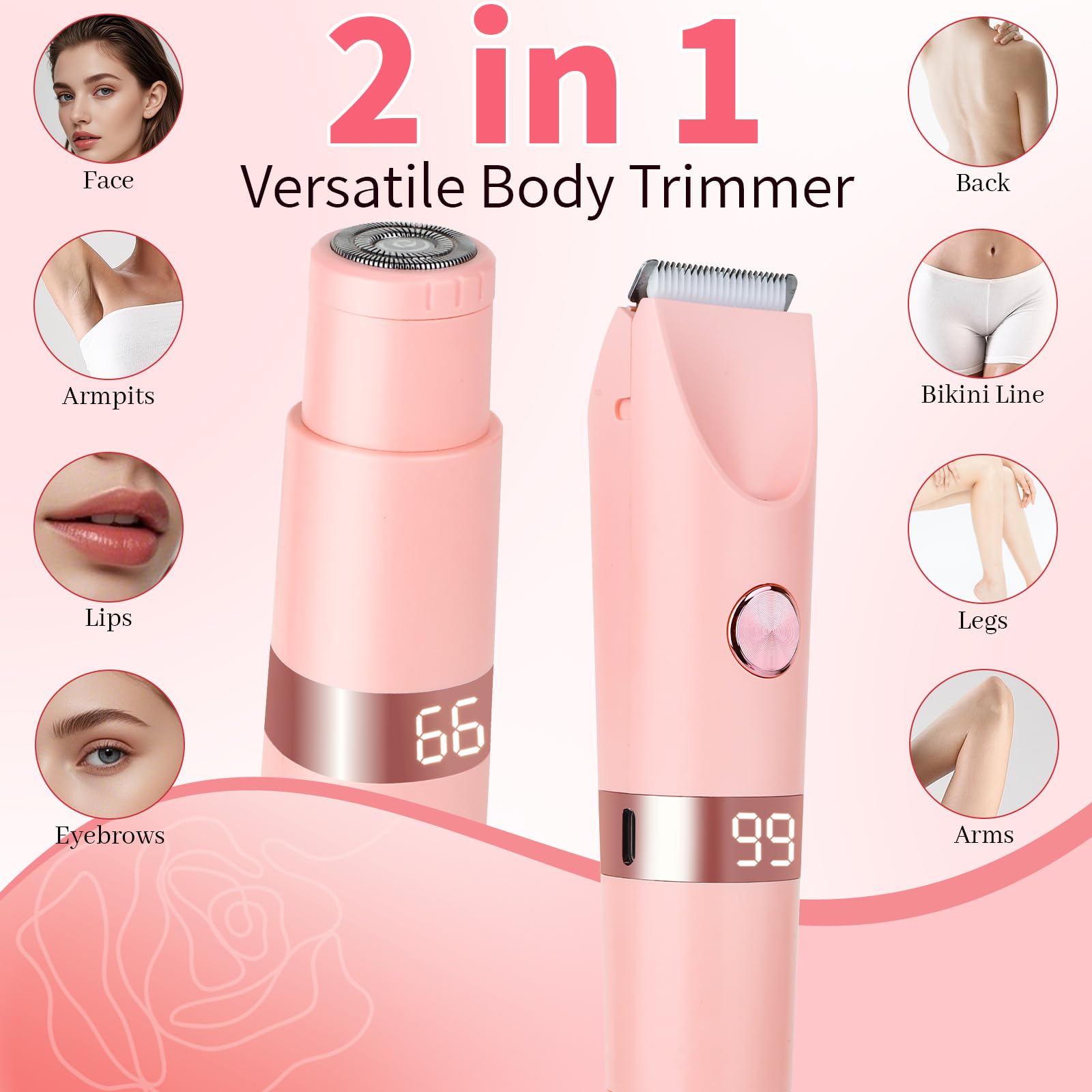 Épilateur Bikini Femme Étanche IPX7, Rasoir Électrique Double Tête 2 en 1 avec Écran LED, Rechargeable par USB, Épilation Douce et Indolore pour Bikini, Visage, Aisselles et Jambes